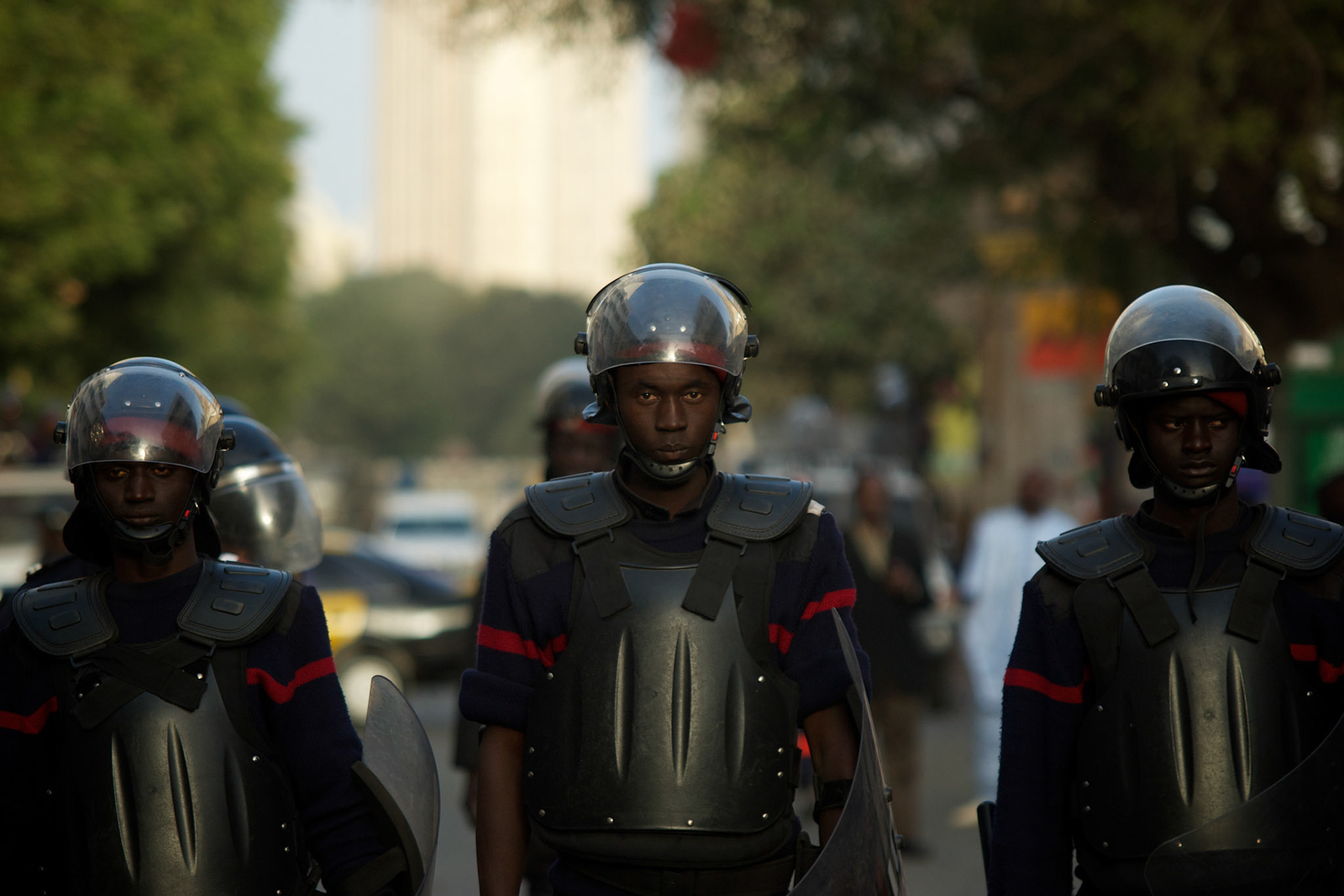 February 24, 2012 - Dakar, Senegal: Policemen take position to prevent presidential candidate Idrissa Seck's supporters to access the Presidential Palace during a rally in the last of day of electoral campaign in central Dakar. (Paulo Nunes dos Santos/Polaris)