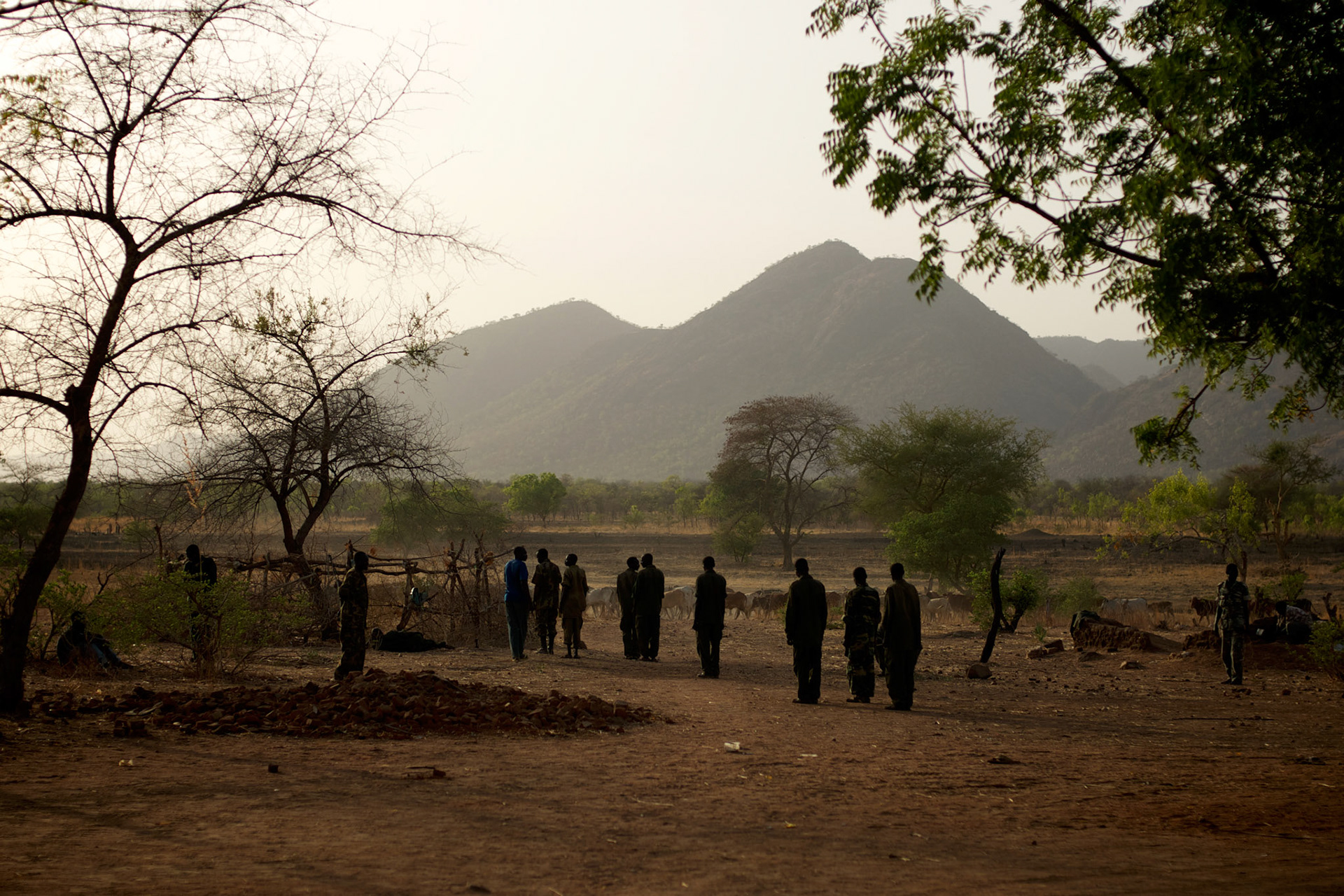 A group Sudan People's Liberation Movement (SPLA-N) new recruits line for training in a improvised military base near the frontline in the Nuba Mountains in South Kordofan.