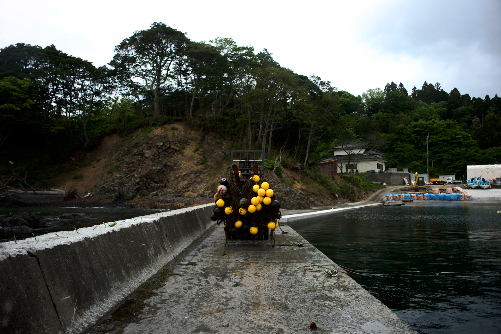 Local fishermen from Togura, use a forklift to transport away ropes used to grow sea weed. Togura, a small fishing village in Minami Sanriku, was vastly destroyed by the 2011 tsunami that hit the northeast coast of Japan. Thousands died and hundreds of families lost their houses, business and boats. The recovering community works now in a cooperative system where the few remaining boats spared by the tsunami are shared by all.