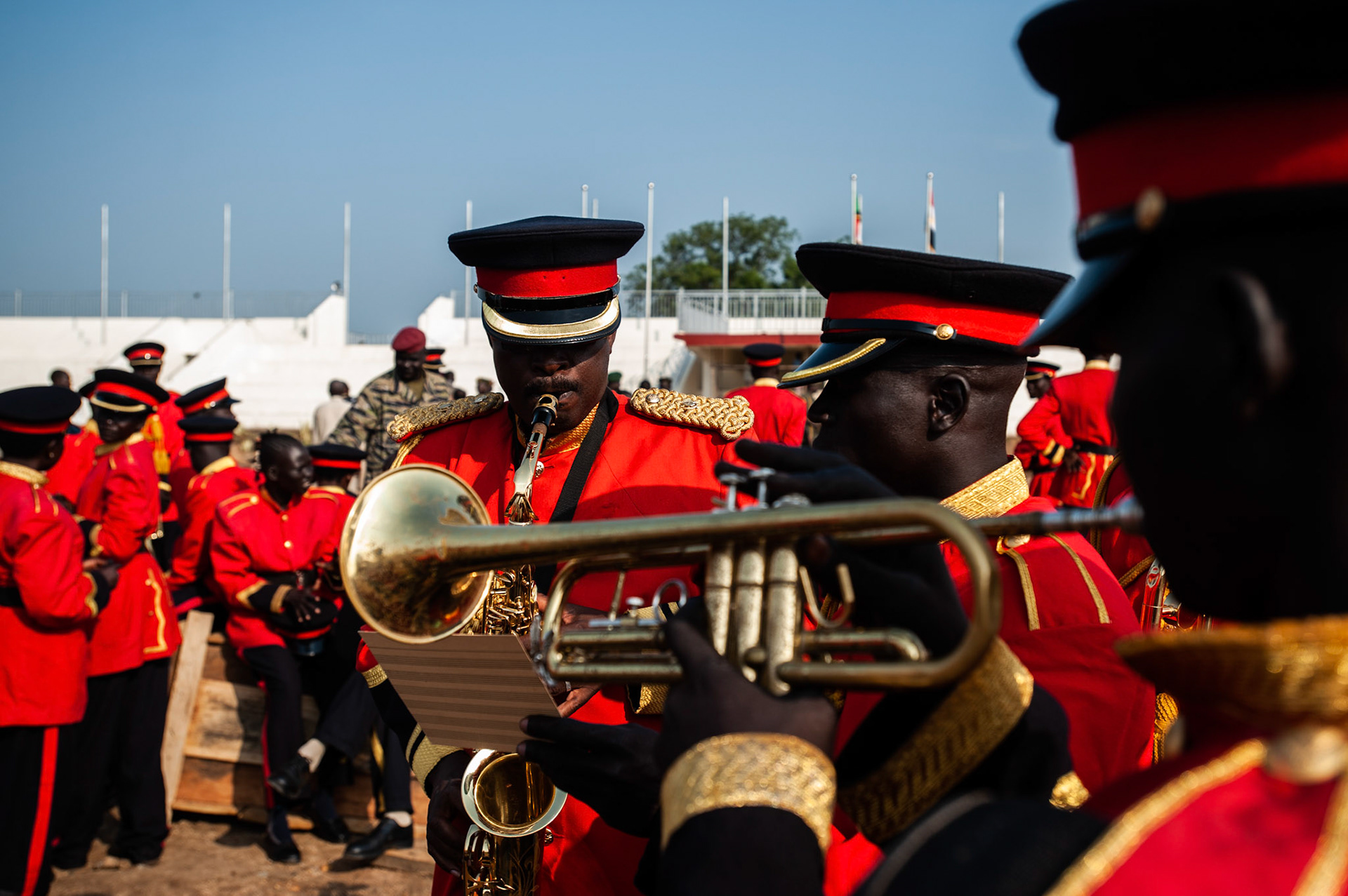Military band members rehearse for the ceremony marking South Sudan as an independent nation.