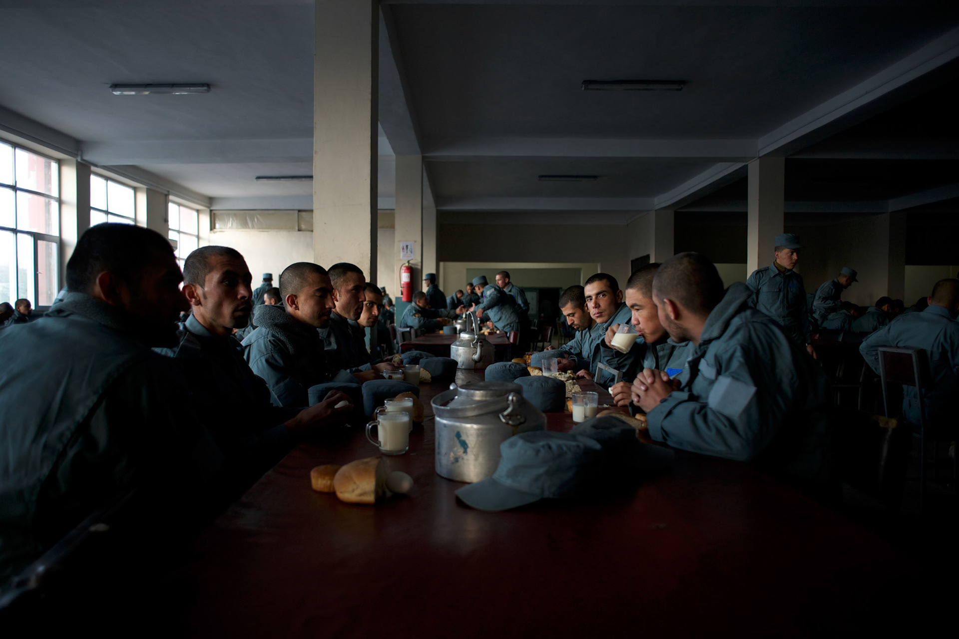 Afghan National Police (ANP) cadets take their breakfast at the Afghan Nacional Police Academy in Kabul.