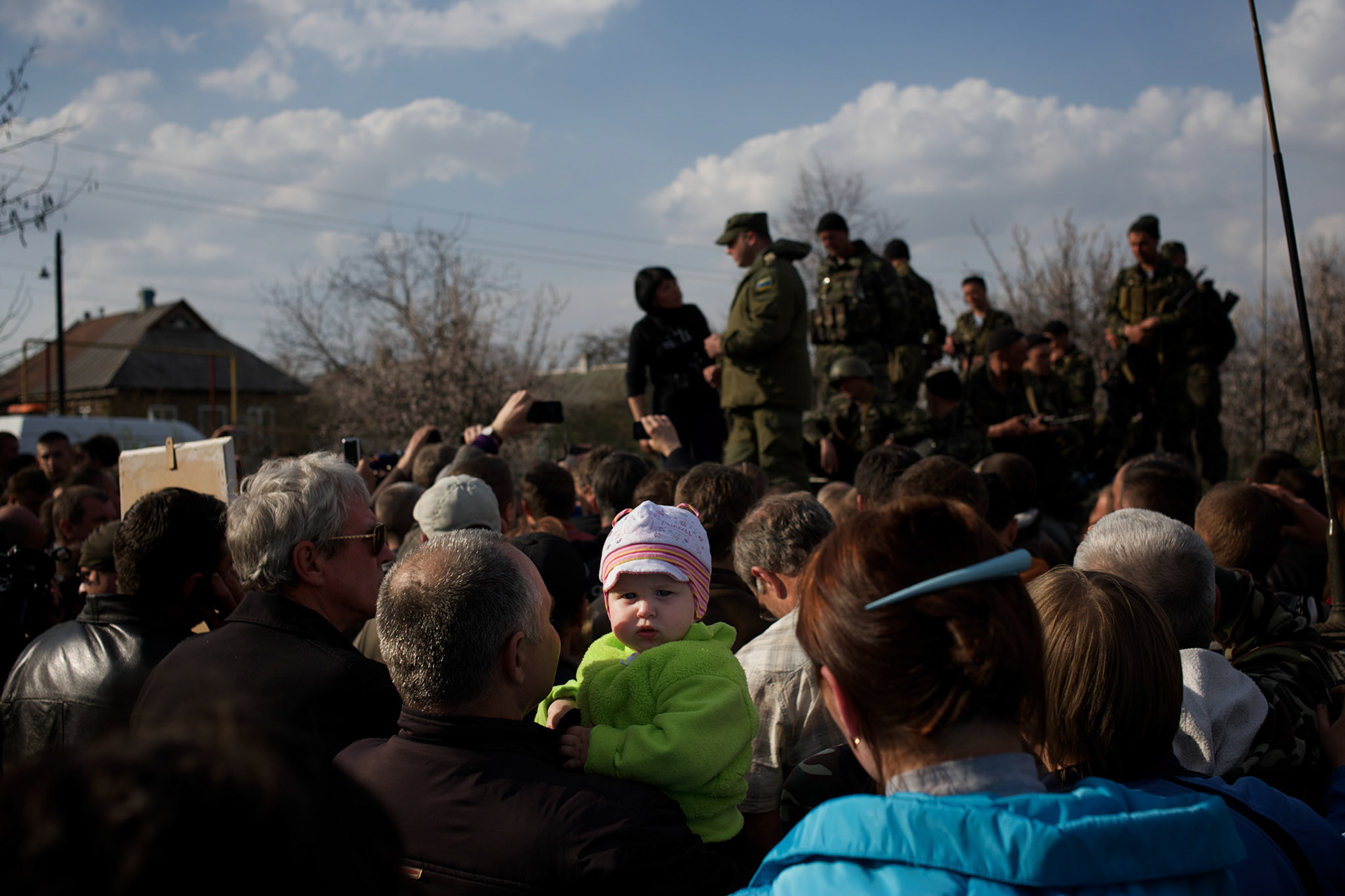 Locals block the advance of a Ukrainian army convoy in Kramatorsk.
