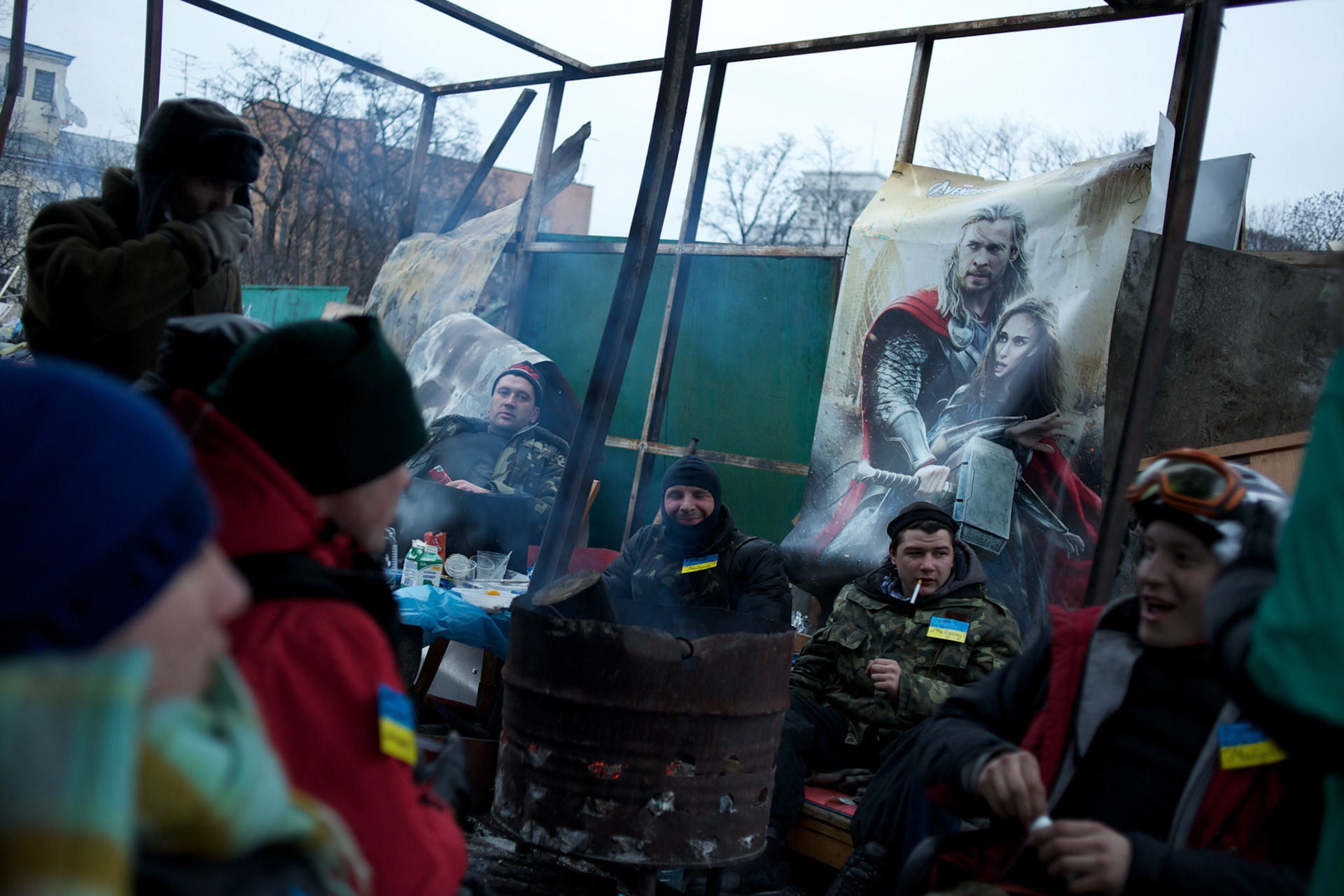 KIEV, UKRAINE - February 23, 2014: Members of Maidan's defence unit take guard at one of the many checkpoints outside Kiev's Independence Square. CREDIT: Paulo Nunes dos Santos