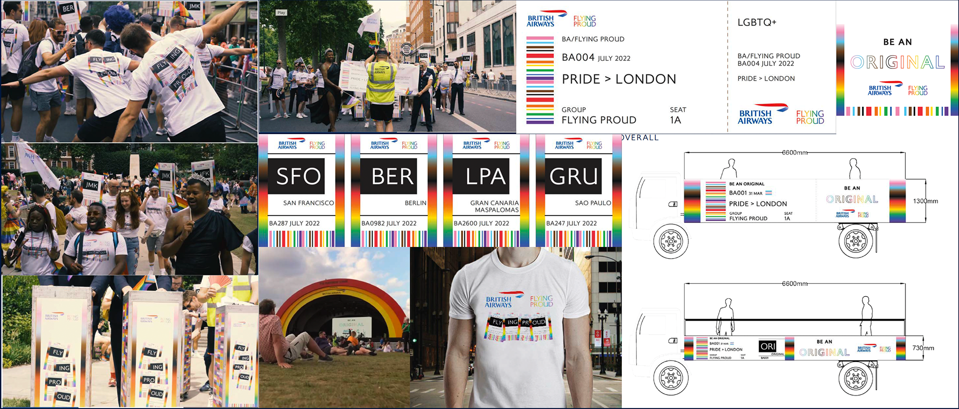 London Pride 2023 and BST 2023 - Trollies, flatbed trailer, t-shirts, placards, banners. Key art design and artworked full event. Internal assets were also created.