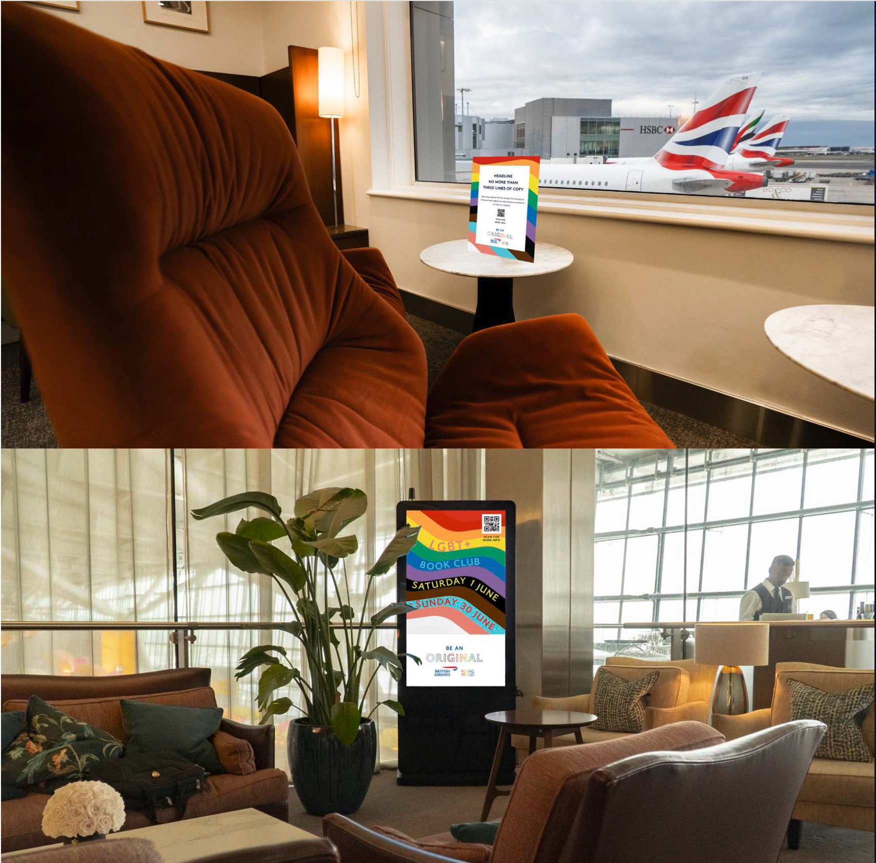 Heathrow lounges, printed menu boards and digital screens
