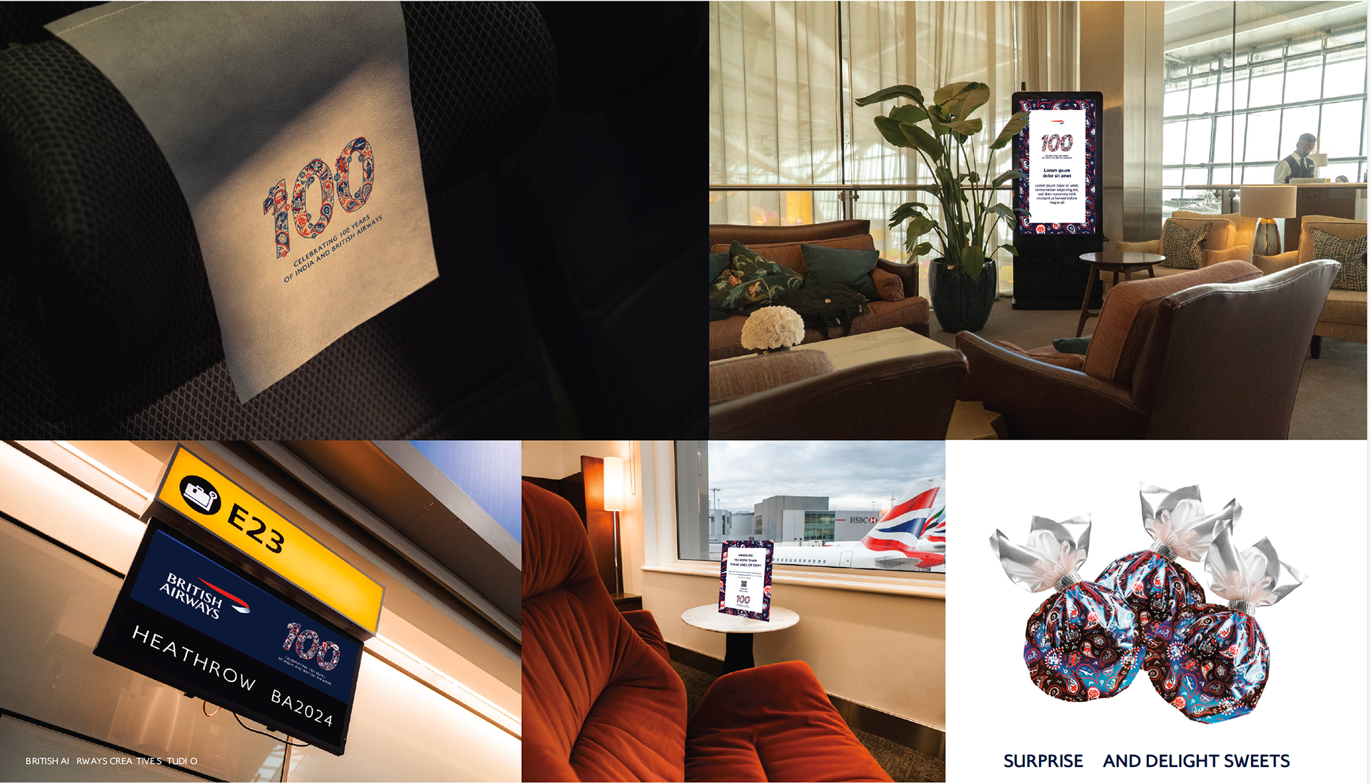 A selection of assets. The numerical logo and pattern was used in airports across India, Heathrow, North America, lounges, online, onboard for headset covers, menus, sweets.