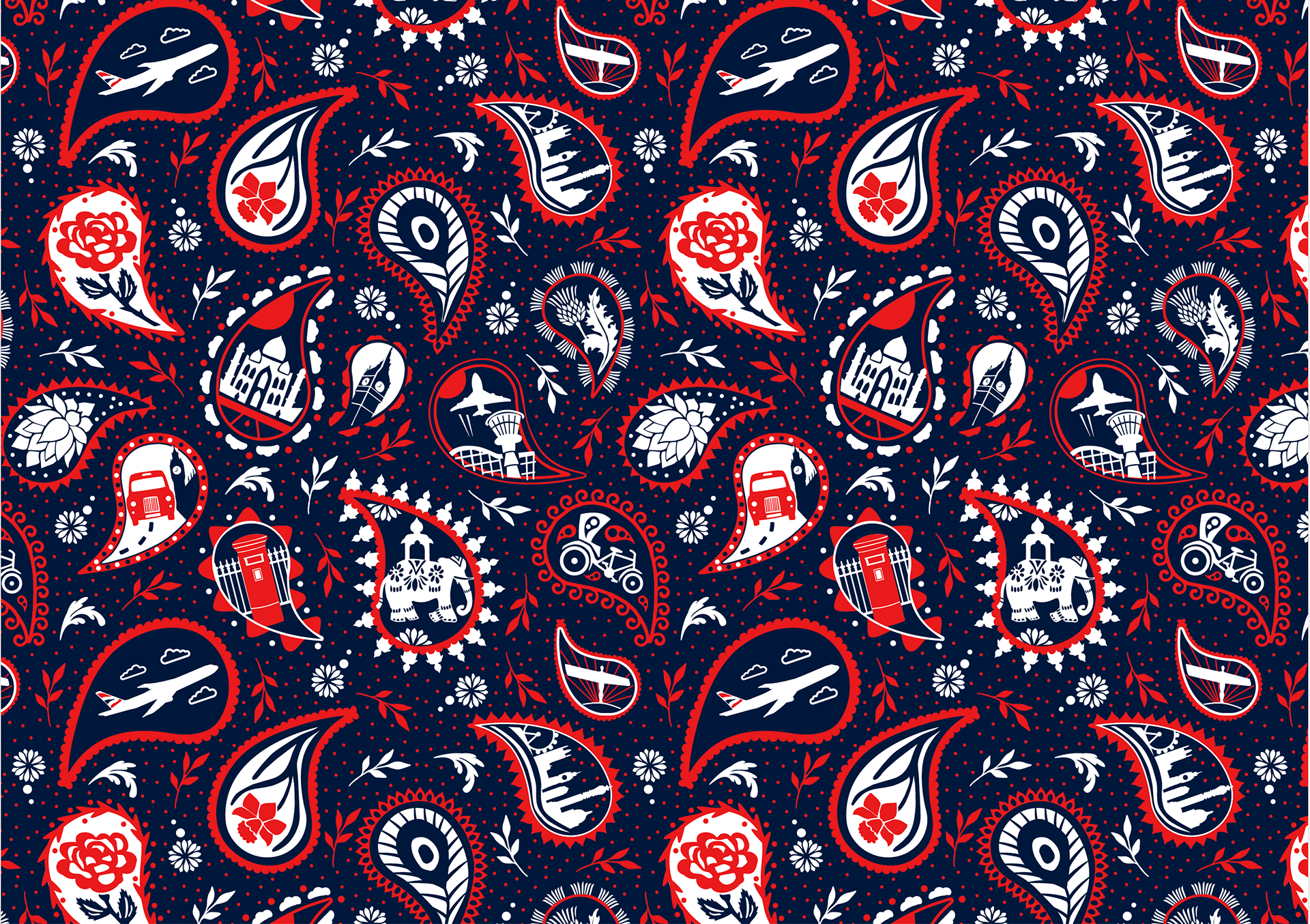 Centenary pattern - icons of UK and India in a traditional paisley print in British Airways colour palette.