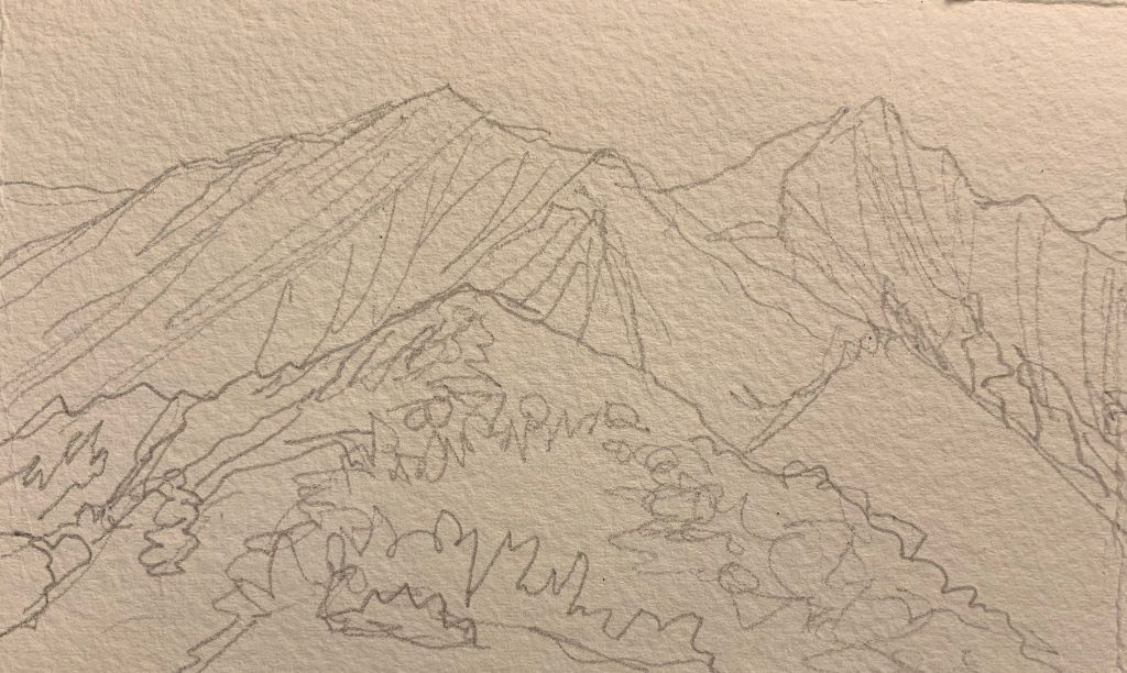 Drawing of the mountains that is fairly detailed.