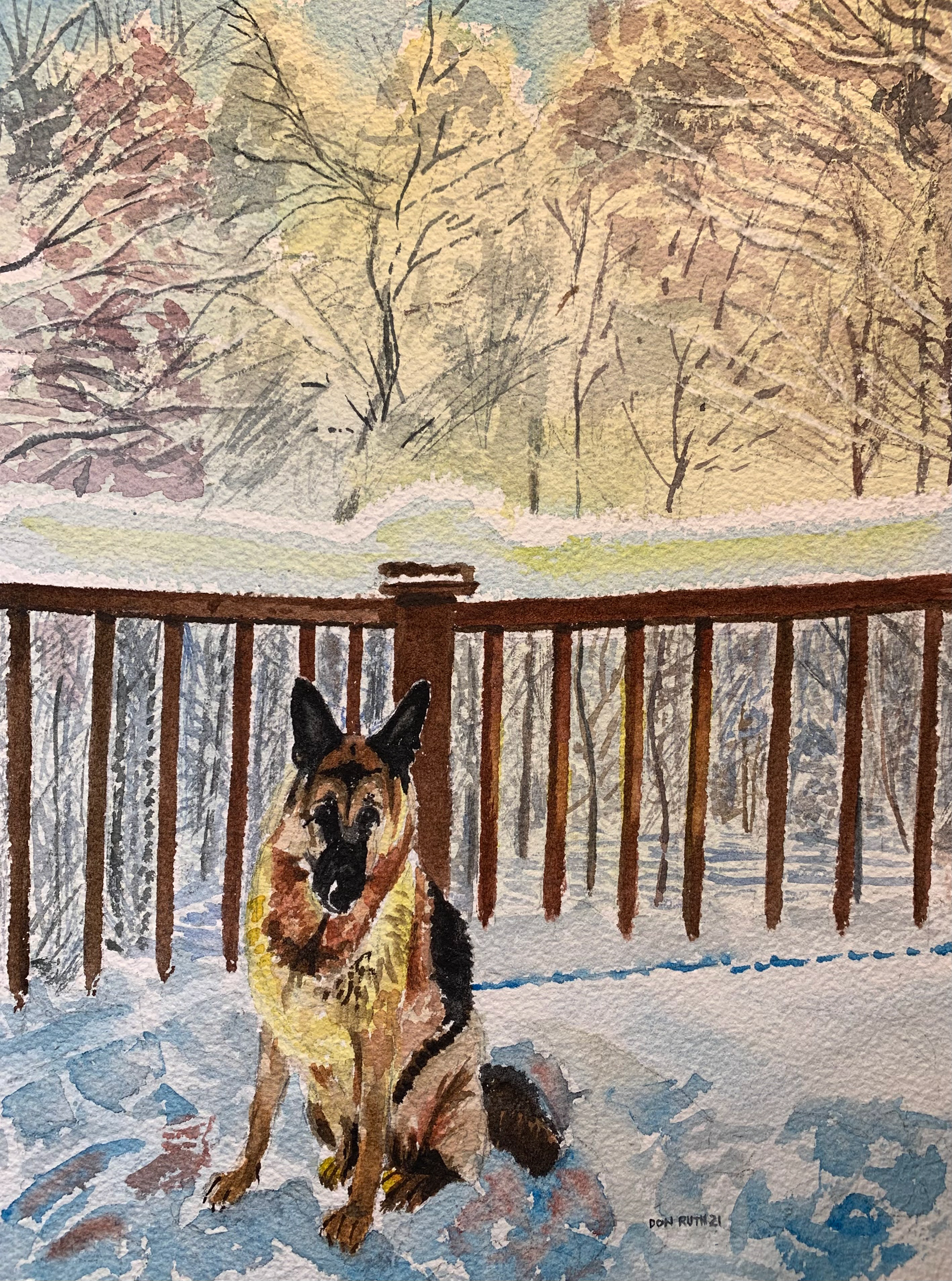 Watercolor Shepherd on Snowy Porch Don Ruth the Works