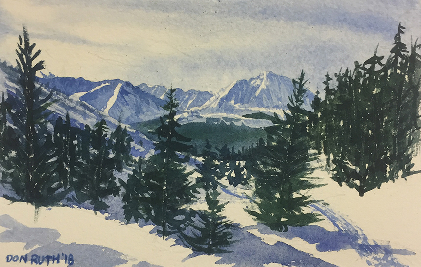 Watercolor Winter Snowshoe Path, Don Ruth the works