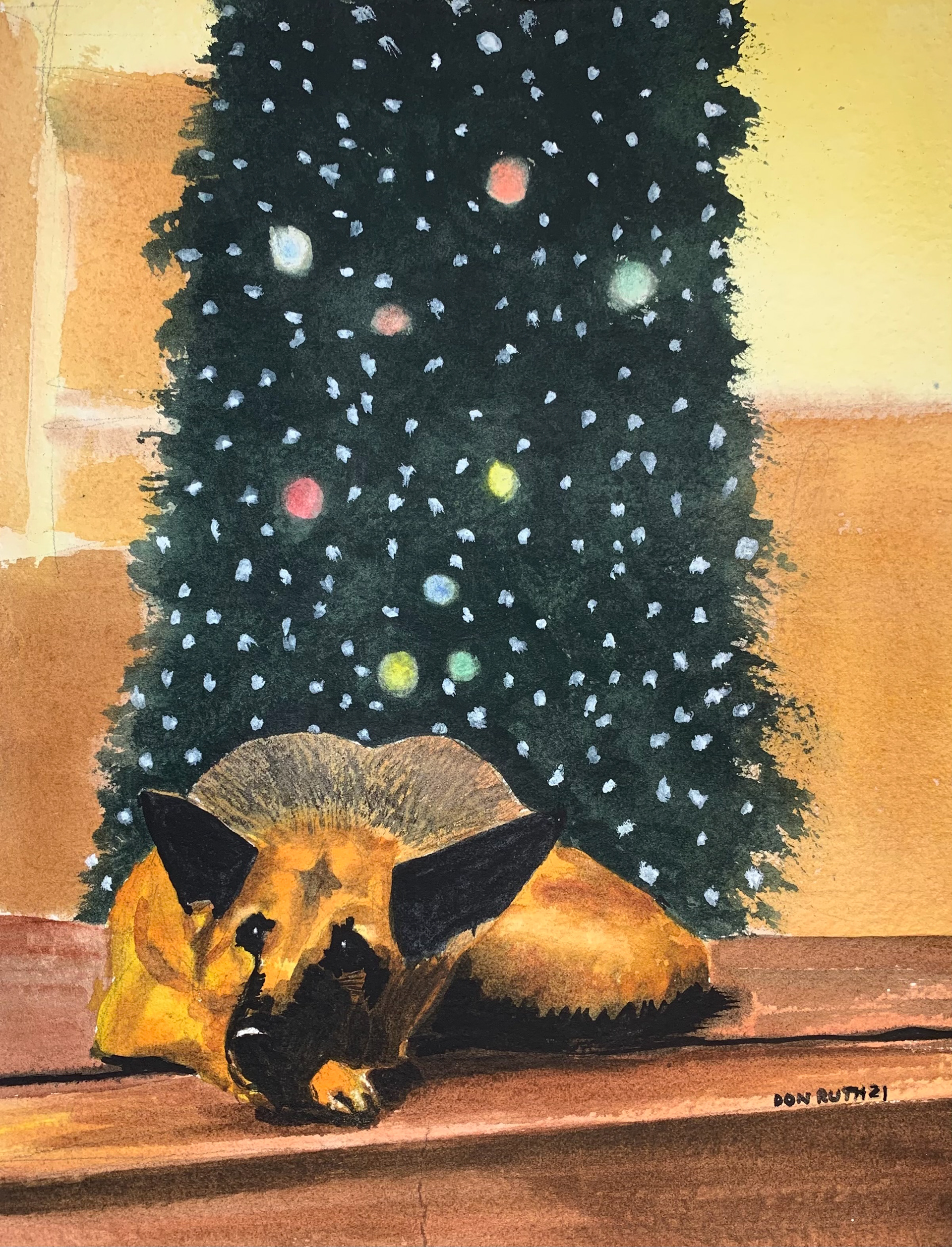 Christmas Repose Dog resting under the tree Don Ruth the Works Watercolor