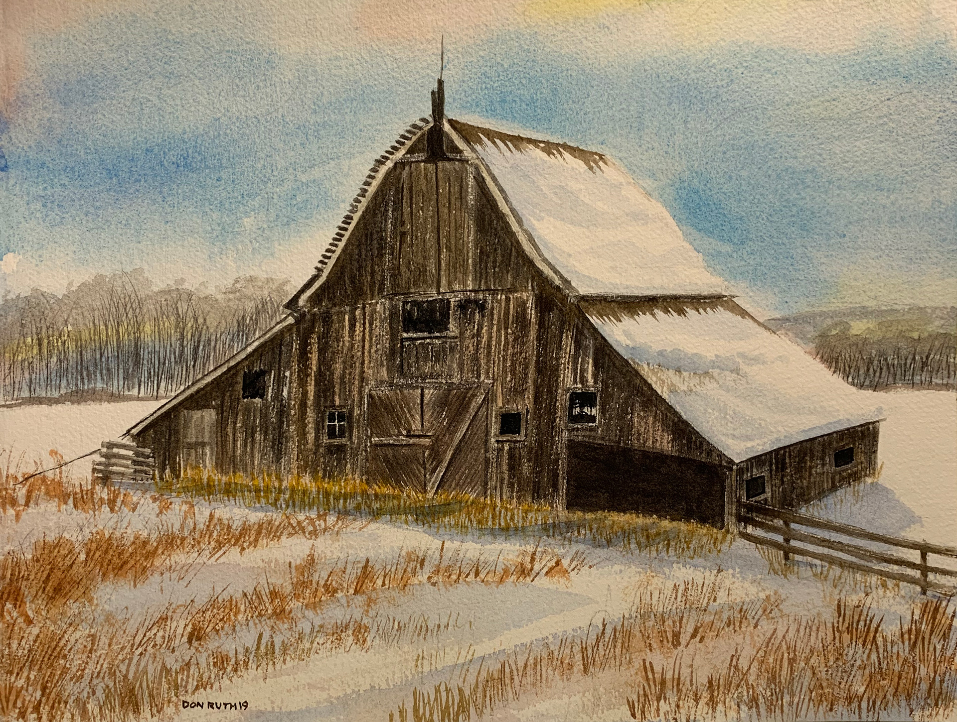 Watercolor Winter Barn Don Ruth The Works