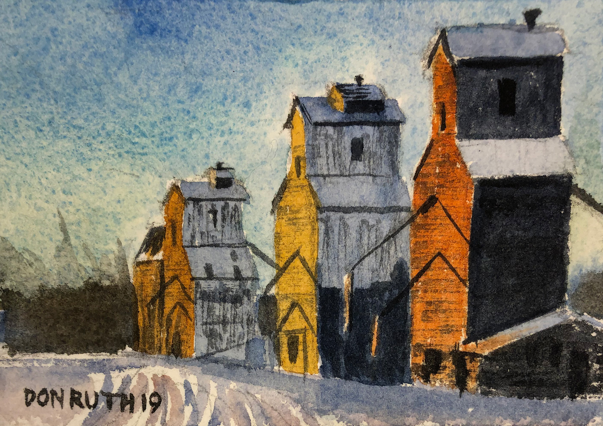 Watercolor Sunrise Grain Elevators, Don Ruth the works