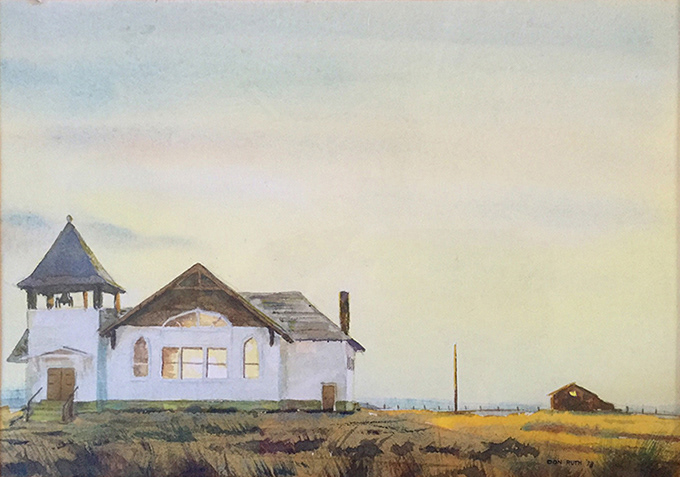 Watercolor Buffalo Montana Church, Don Ruth the works