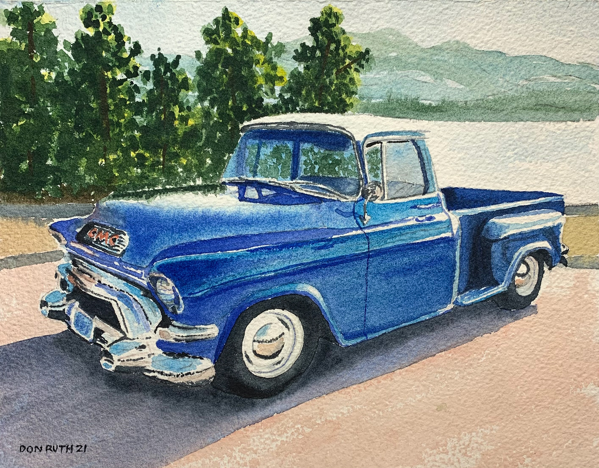 Cool Blue Vintage GMC Truck Don Ruth the Works Watercolor