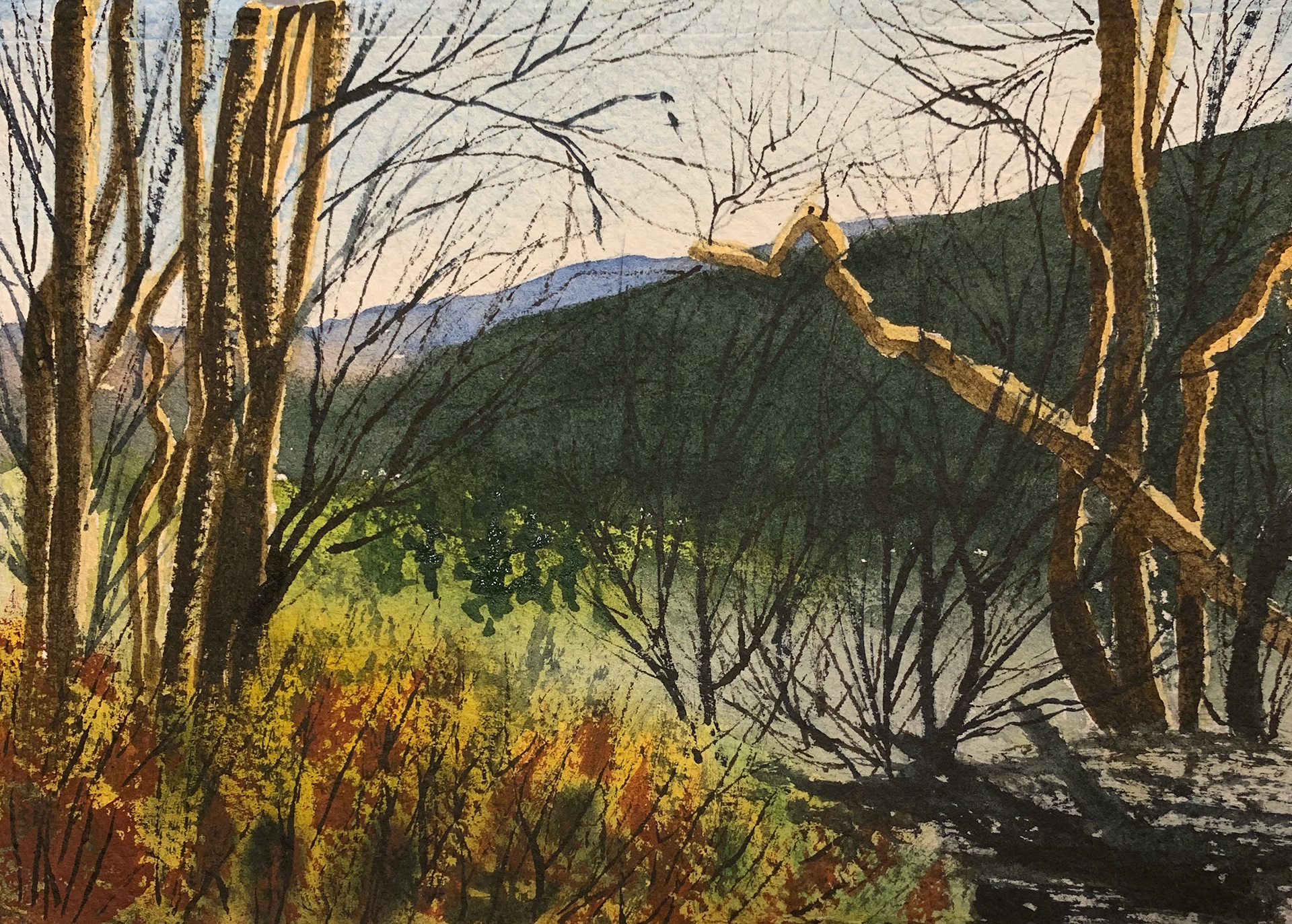 Add dark color for trees and using ink and broken branch to draw in branch/bushes details