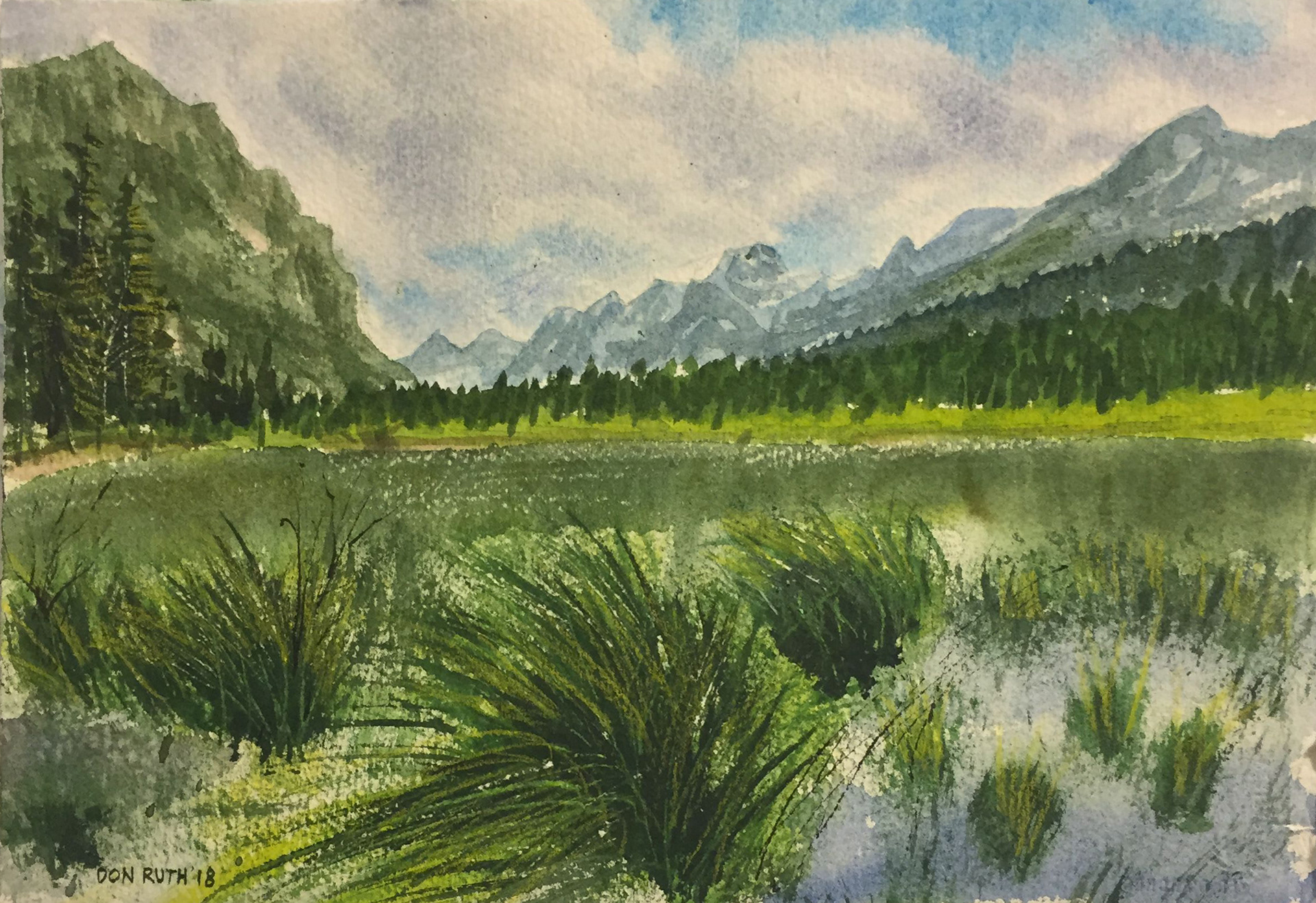 Watercolor Grassy Mountain Lake, Don Ruth the works
