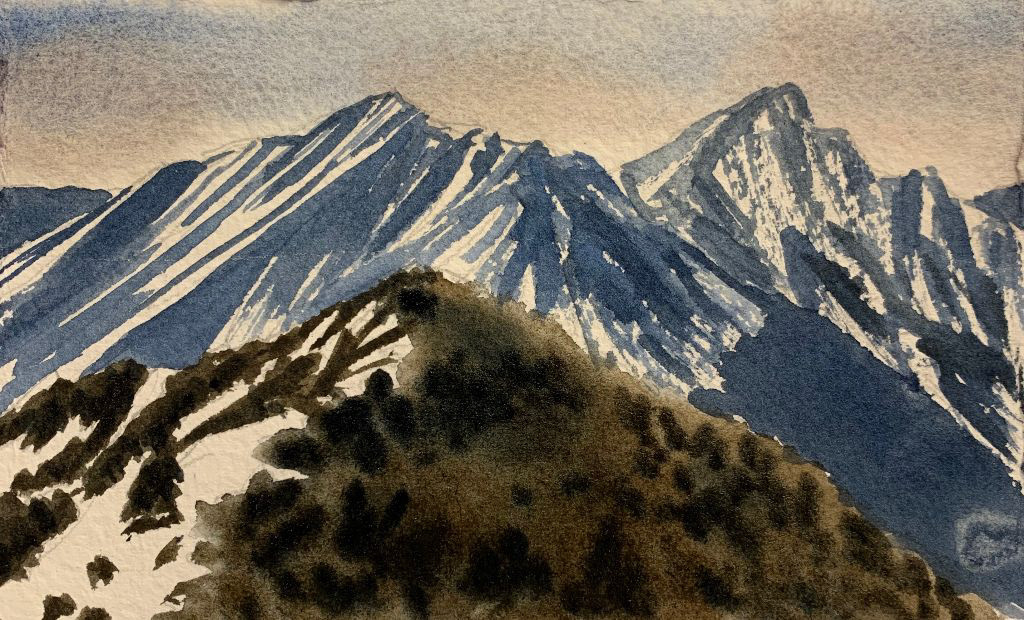 Foreground mountain added using both washes and drybrush.
