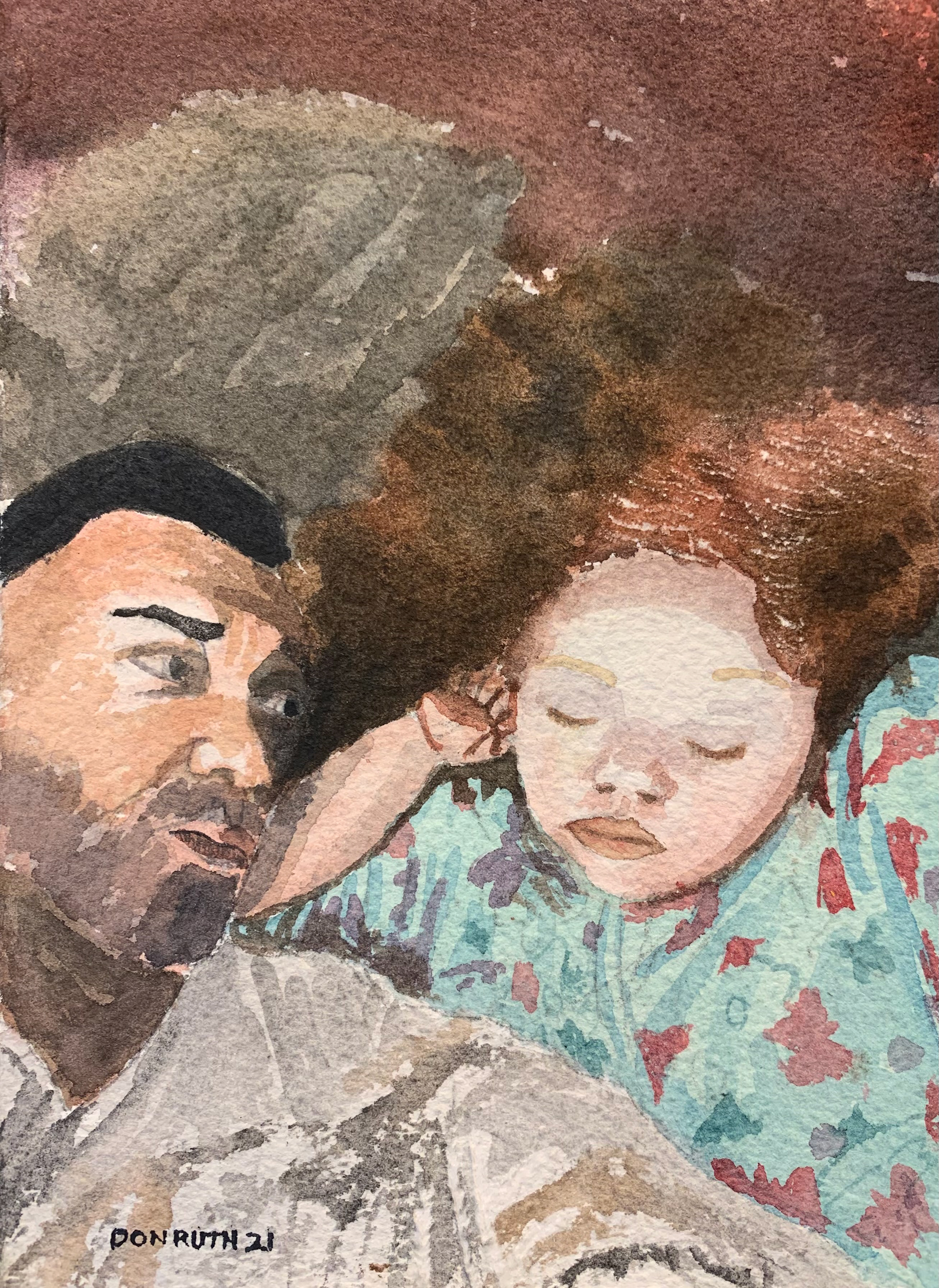 Sleeping Beauty Daughter sleeping while dad looks on Don Ruth The Works Watercolor
