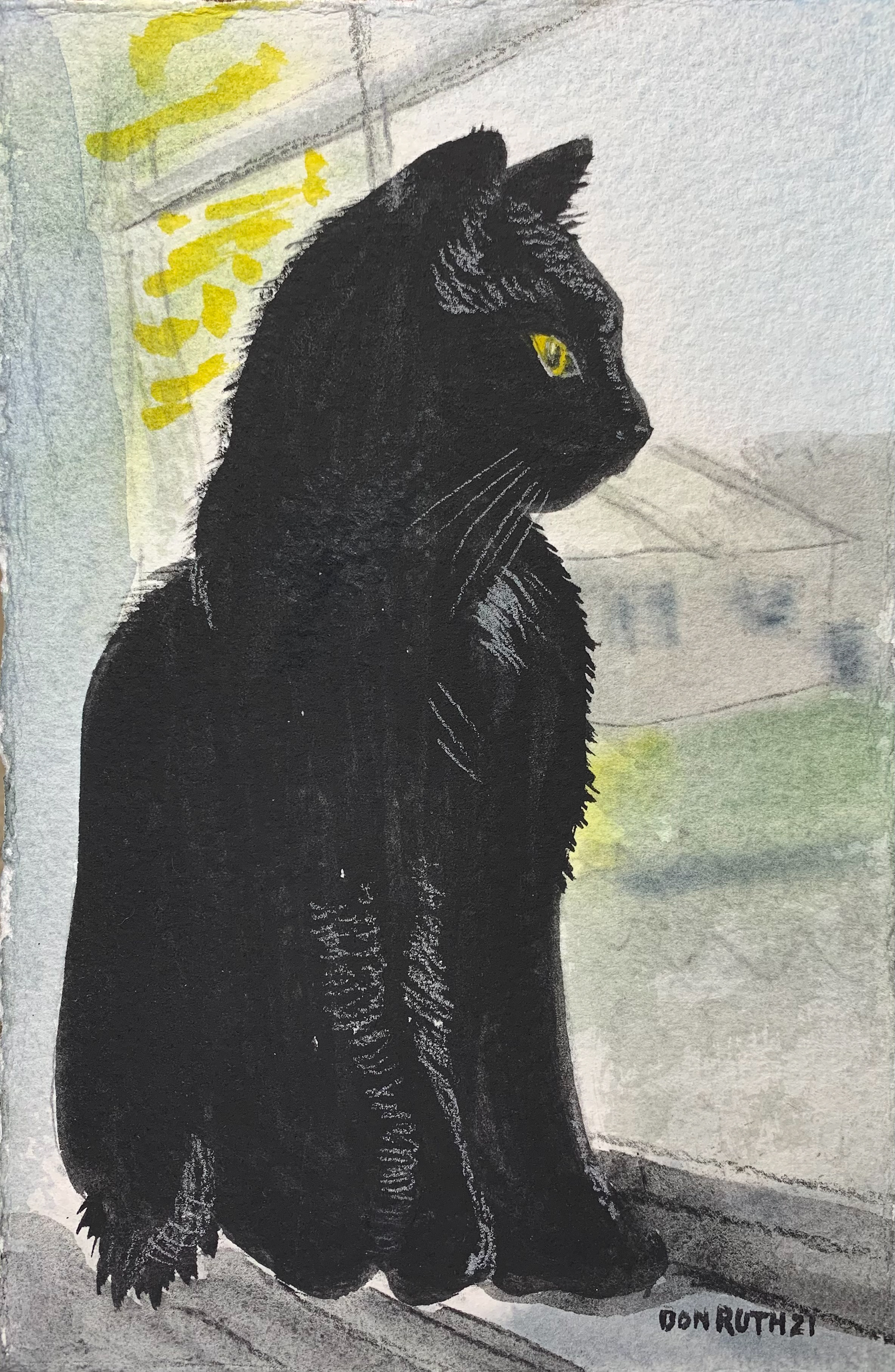 Black Cat Looking Out the Window Don Ruth the Works Watercolor