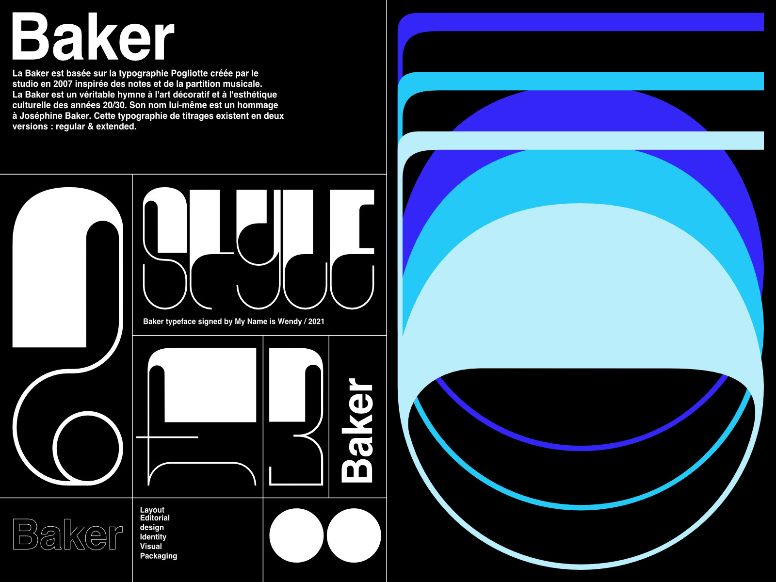 Editorial design and layout composed with the original typeface called Baker