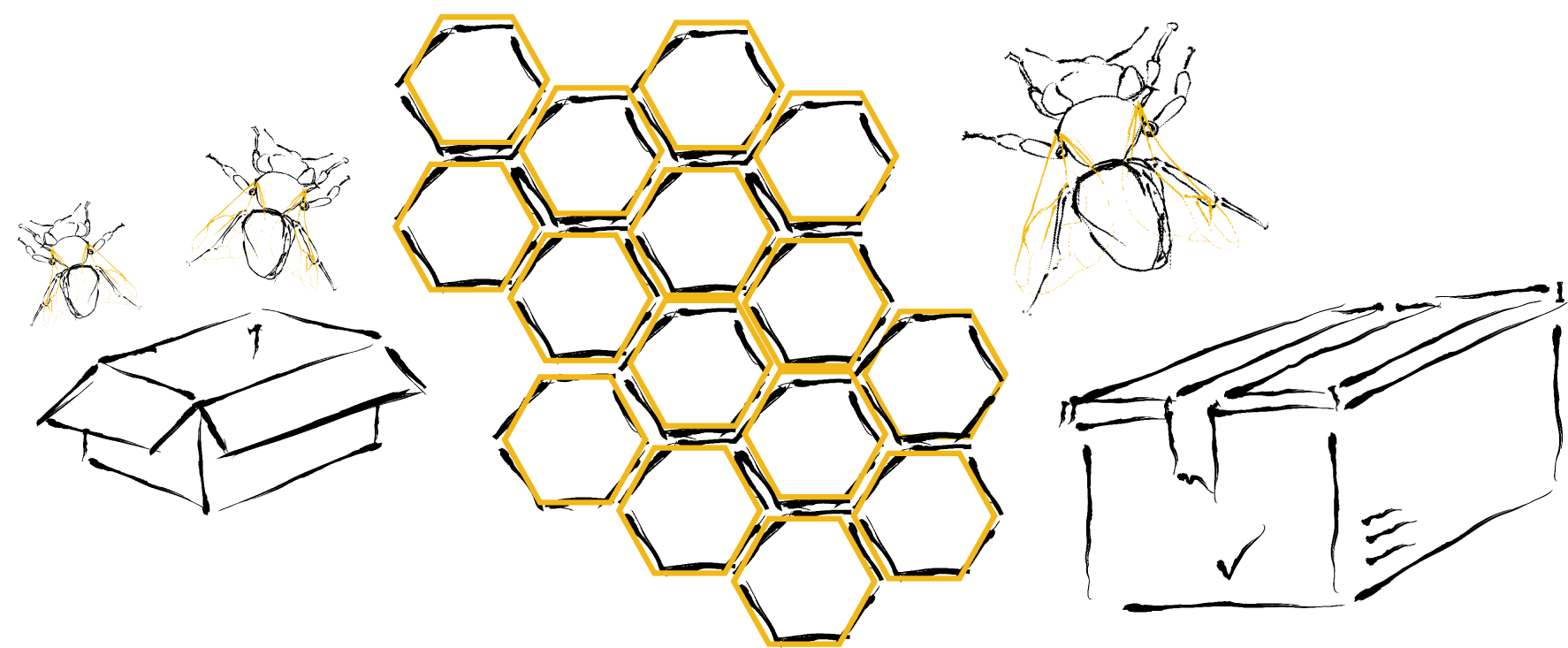 Loose black and yellow illustrations of a moving box, honeybees, and a honeycomb.