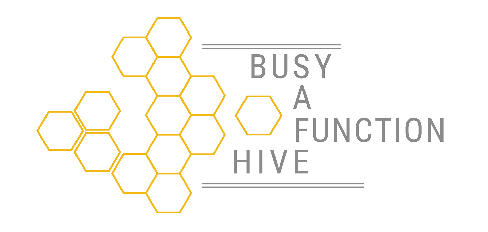 Modern honeycomb cell collage. horizontal modern lines. The words Busy, Safe, Function, and Hive intertwined in tall linear type.