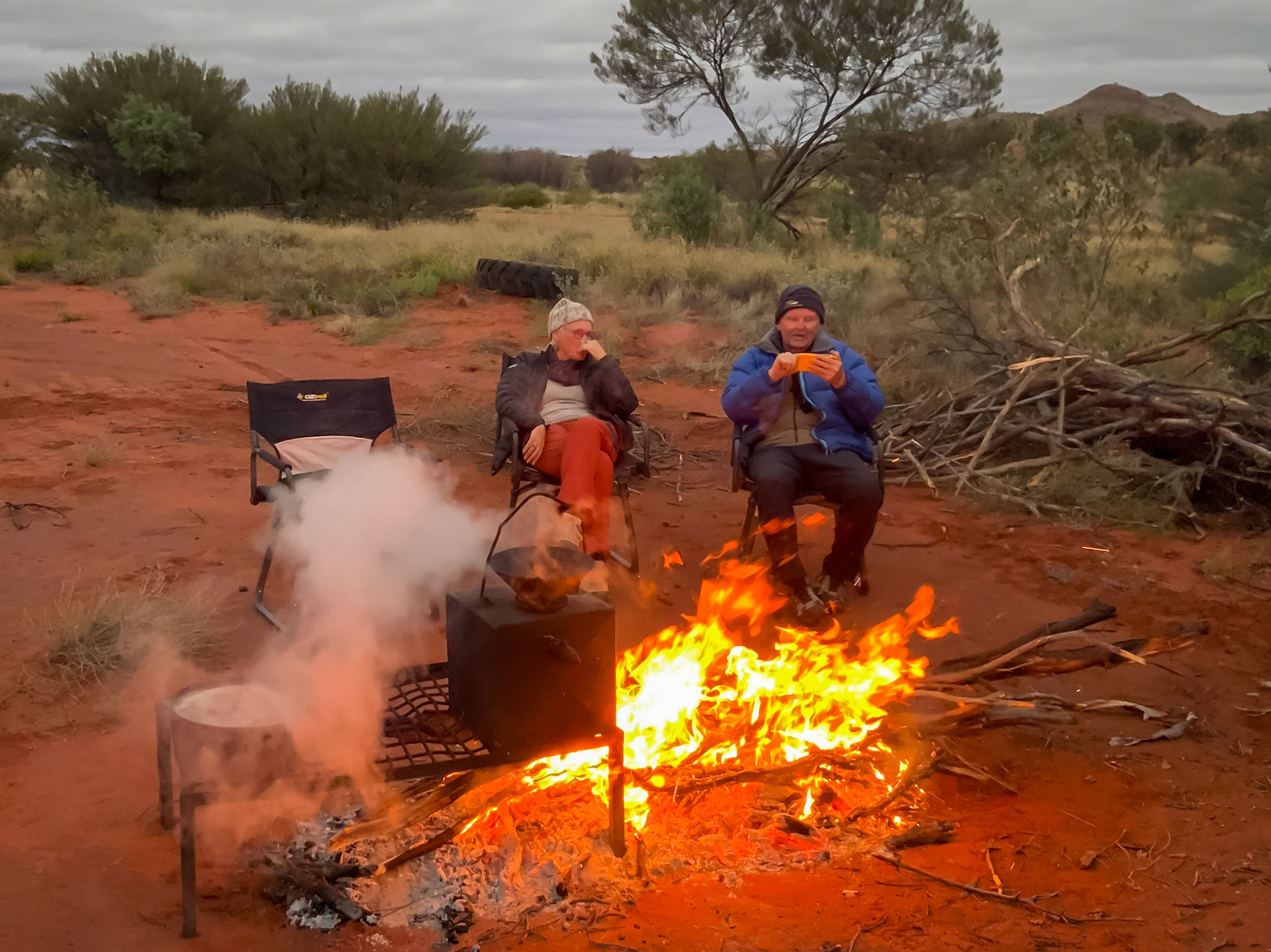 Warm fire; Sue and me.