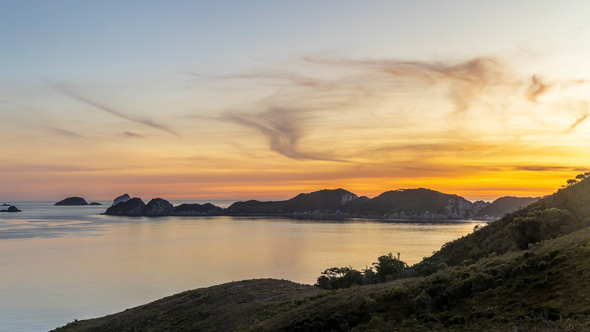 Breaksea Islands, silhouetted at sunset