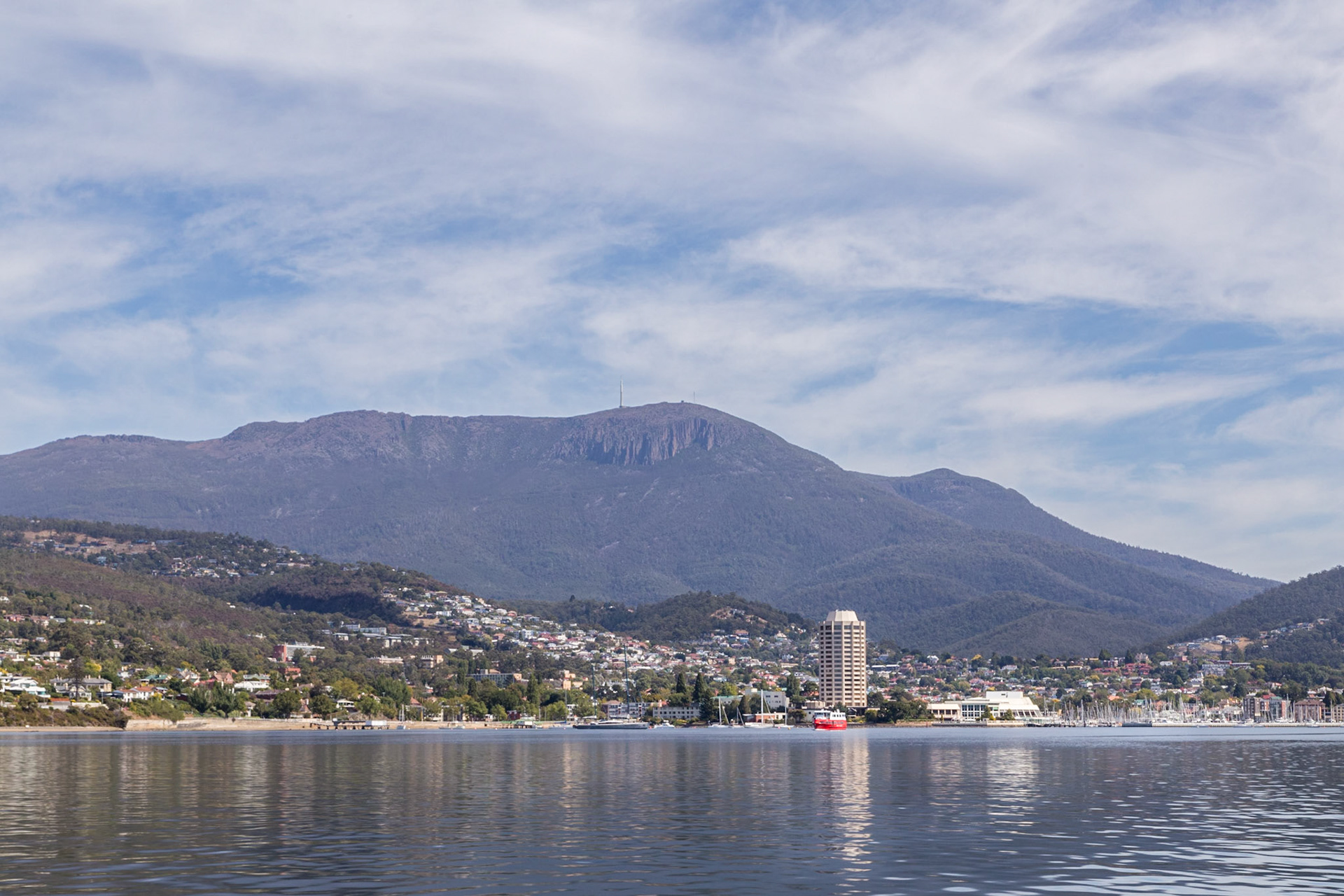 Sandy Bay, with the Wrest Point Casino tower and Mt Wellington behind