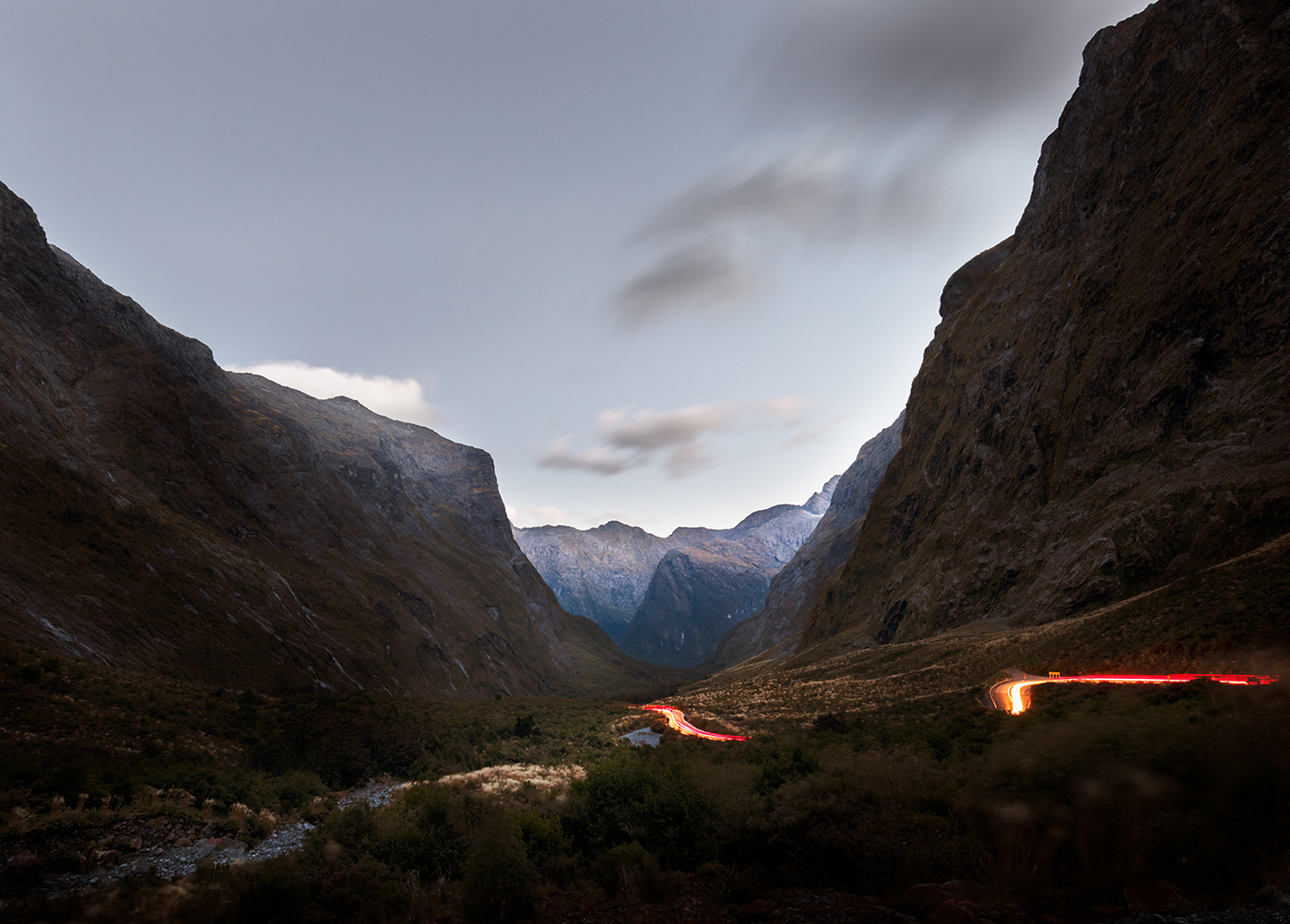Daybreak on the road to Milford Sound. 1855 Lookout near the exit from the Homer Tunnel