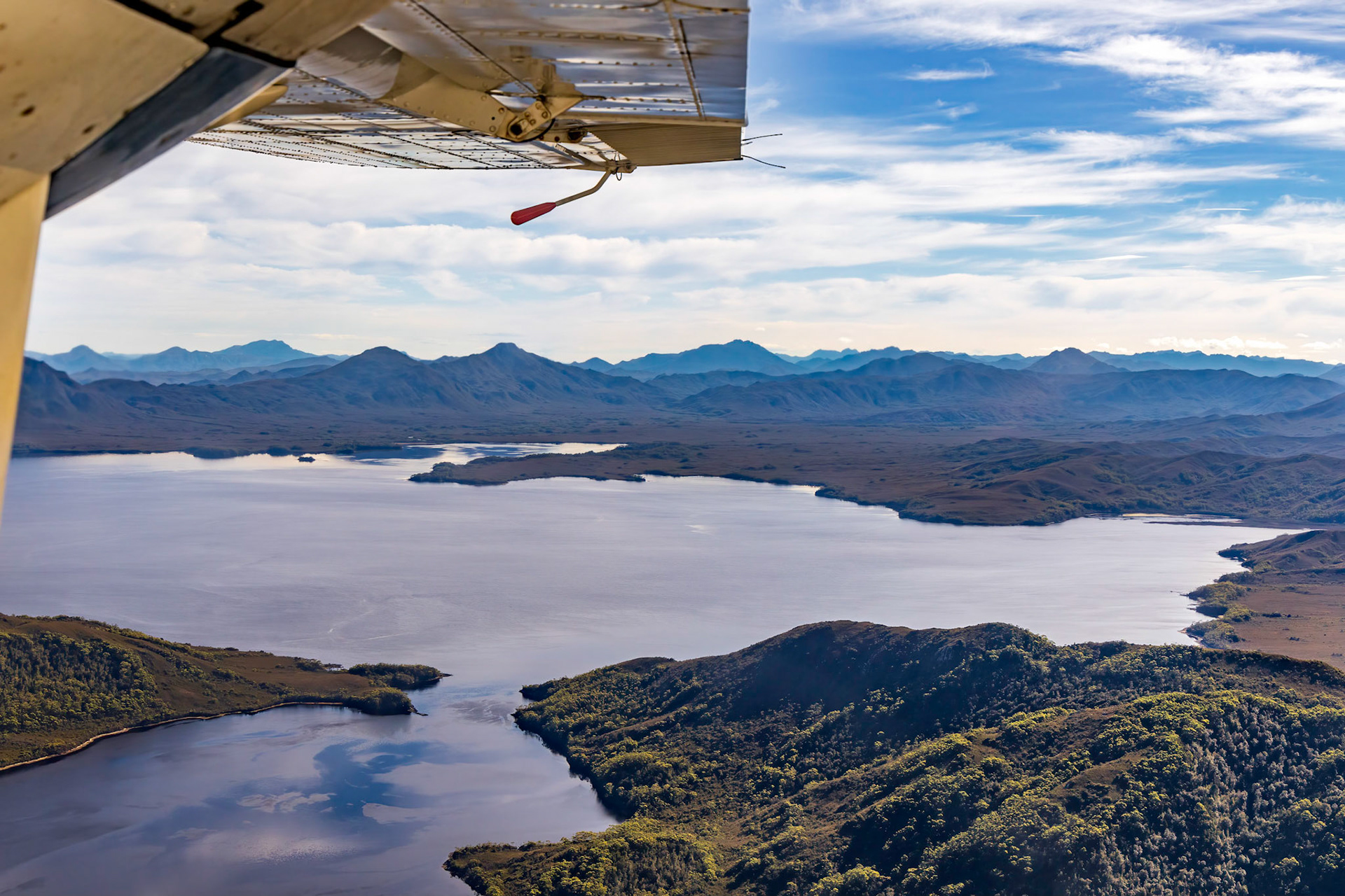 On the flight from Hobart across the mountains to the south west coast; Bathurst Harbour.