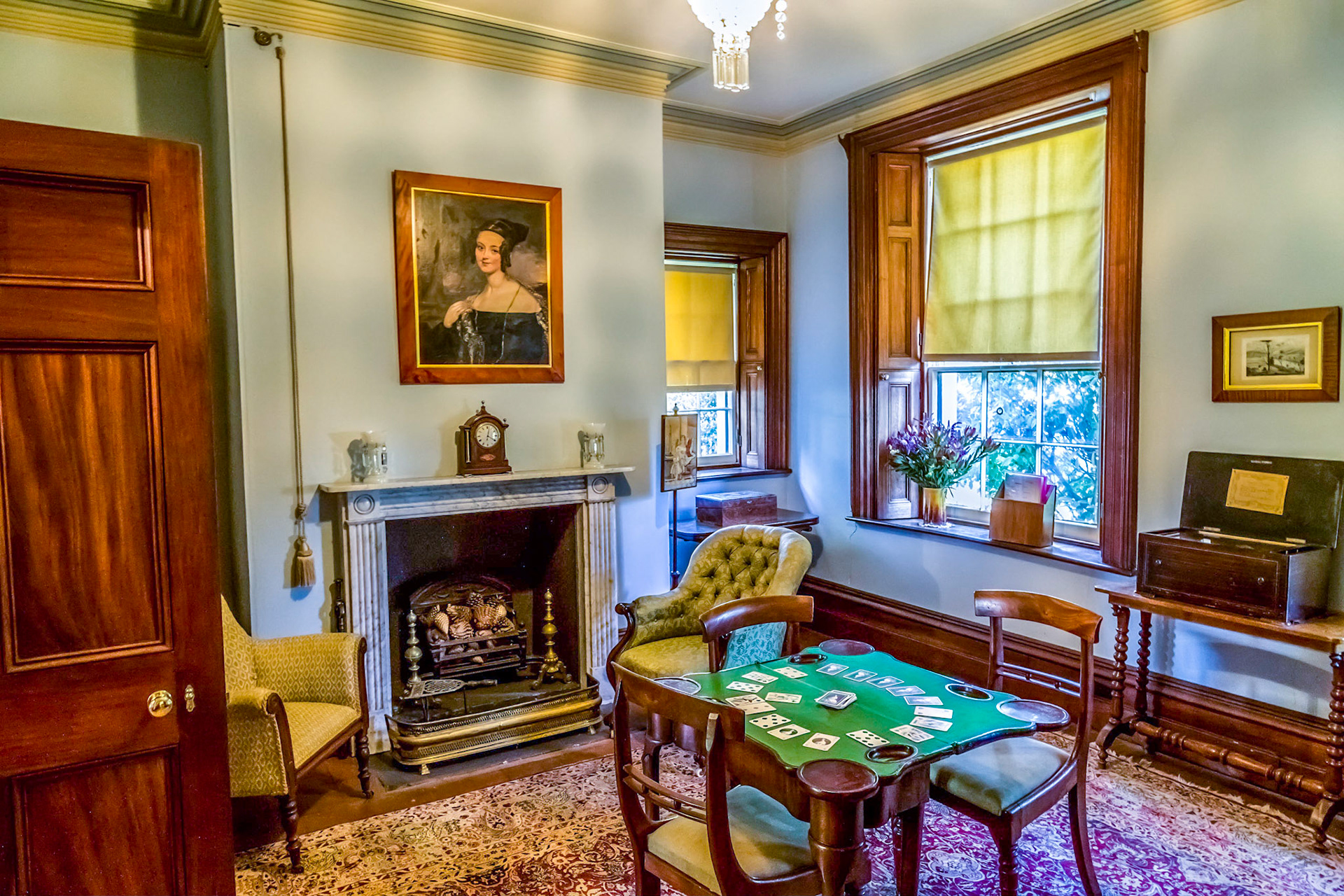 Rooms of Franklin House. Furnished by the National Trust with a collection of fine English period furniture and some colonial pieces, fine china and objets d'art. The National Trust of Tasmania was founded in 1960 for the specific purpose of saving this house from demolition, to purchase it and to undetake its restoration and furnishing. The house was built in 1838 by Mr Britton Jones, who arrived in Hobart Town in 1820 as a convict from England.