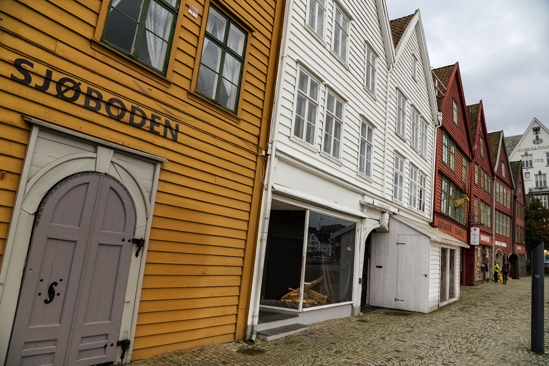 Amongst the historic old buildings of Hansevietrel Bryggen wharf of Bargen harbour