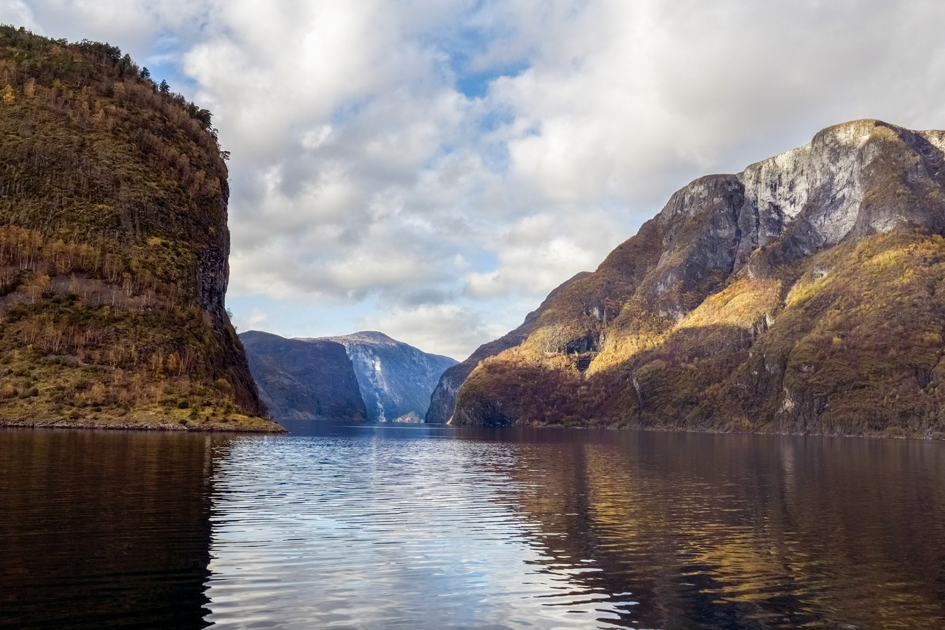 Cruising down the Aurland Fjord. On the 'Vision of the Fjords' boat from Flåm to Gudvangen, late afternoon.