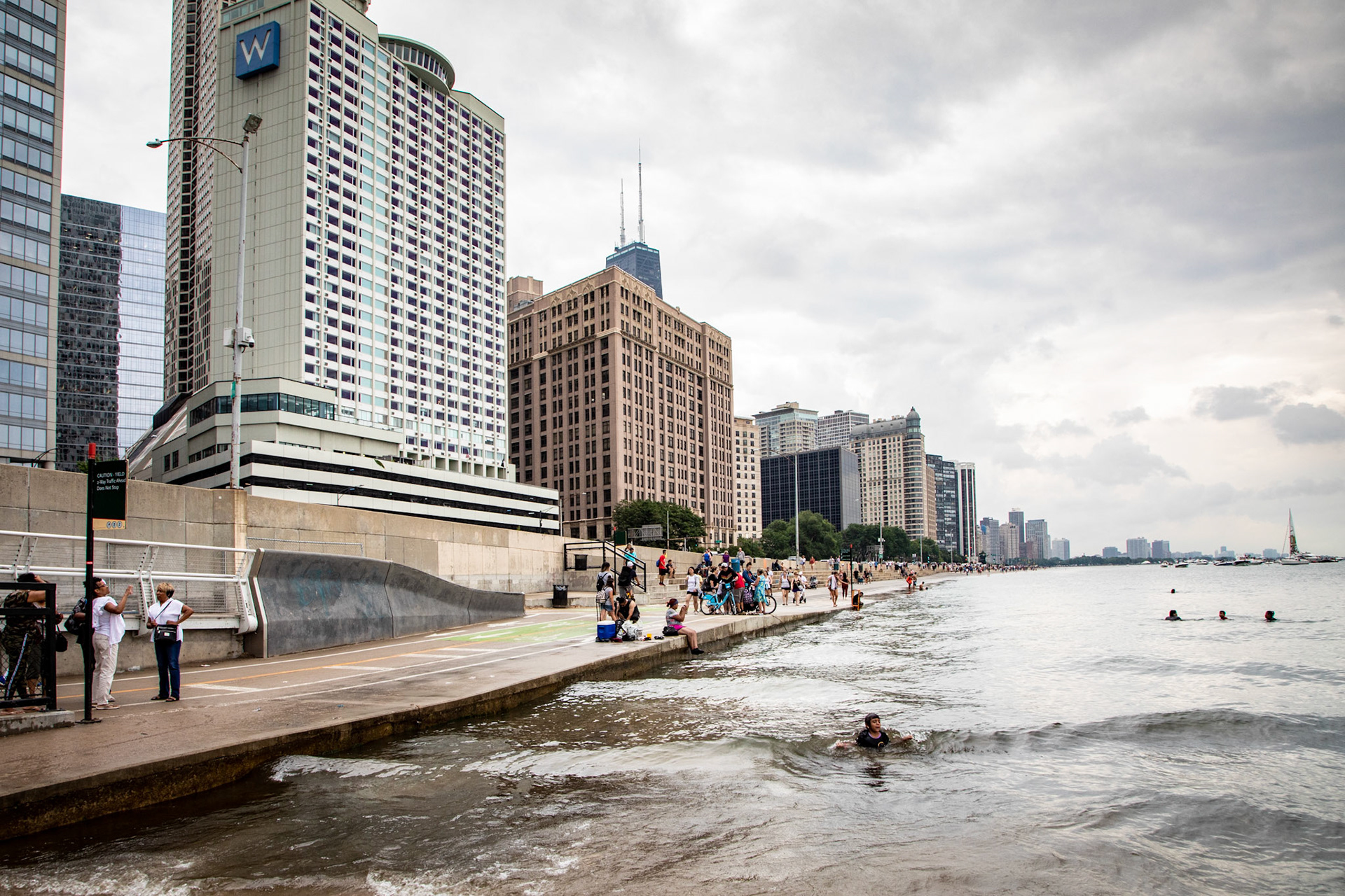 Lake Michigan shore and city along N Lower Lakeshore Drive