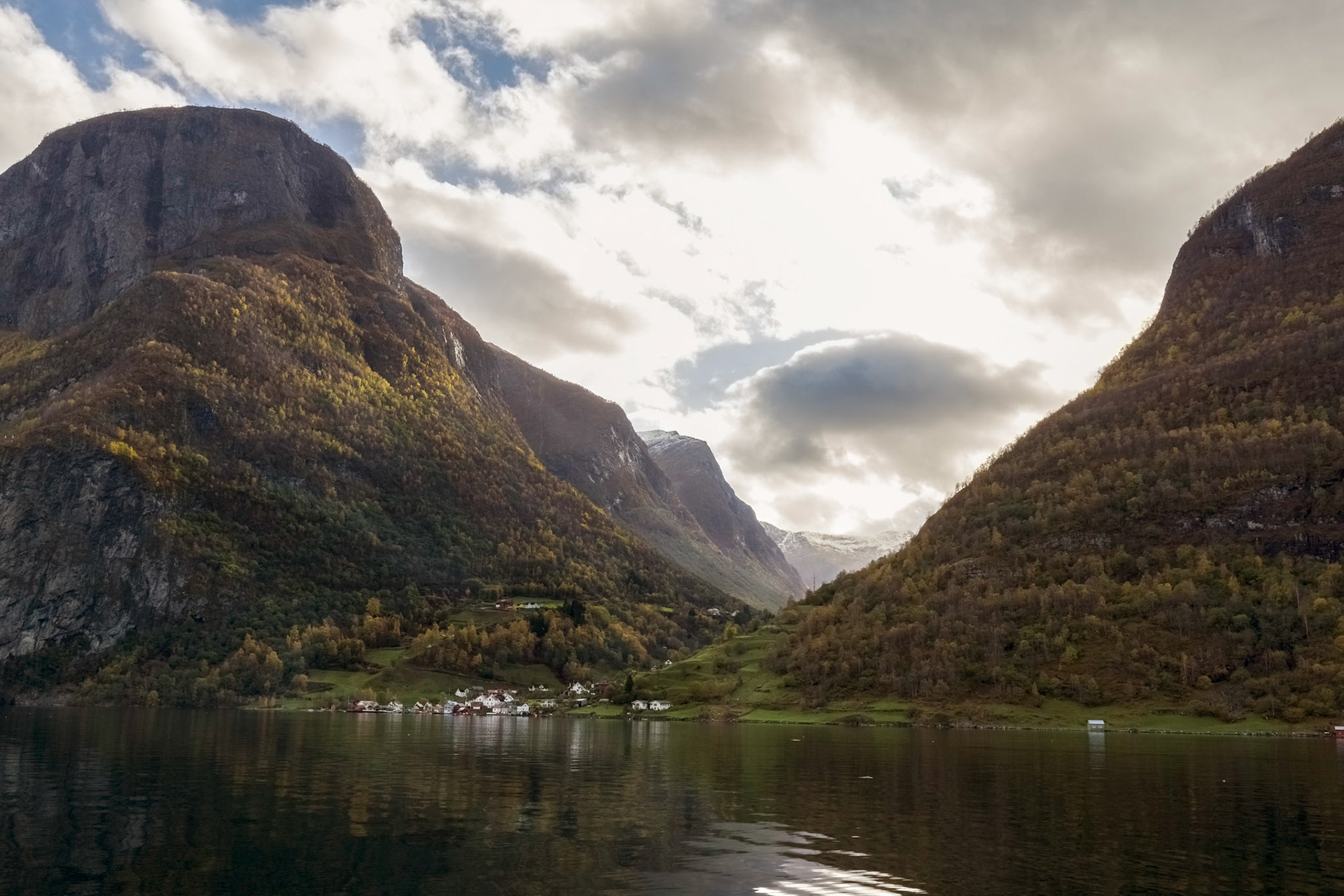 Cruising down the Aurland Fjord; past the village of Aurland. On the 'Vision of the Fjords' boat from Flåm to Gudvangen, late afternoon.