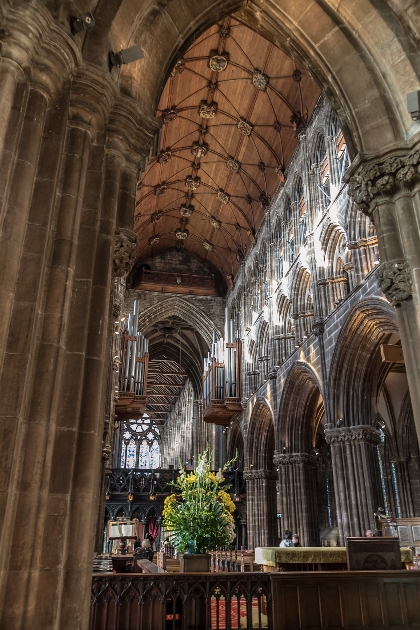 In Glasgow Cathedral. The first stone built Glasgow Cathedral was dedicated in the presence of King David I in 1136. The present building was consecrated in 1197. Since that same period the Cathedral has never been unroofed and the worship of God has been carried out within its walls for more than 800 years.