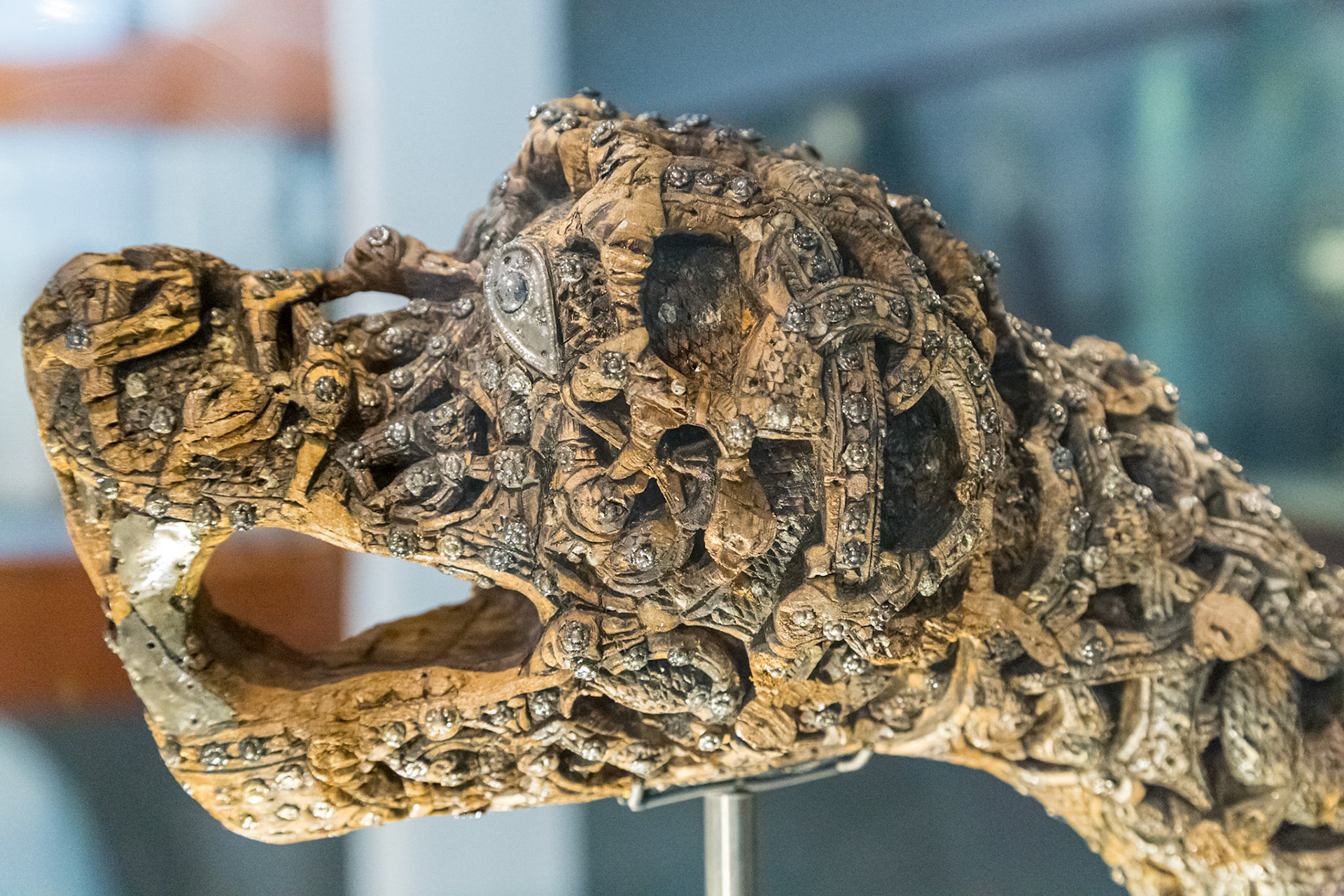 One of 5 unique animal heads carved in wood, found in the Oseberg burial
