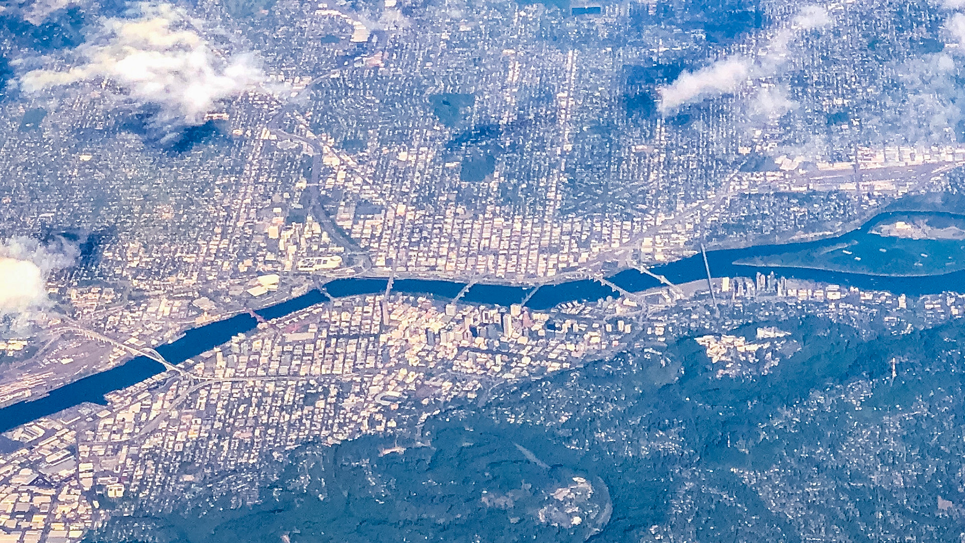 Portland from the air, showing the bridges over the Williamette River. Seen en-route from Seattle to Los Angeles.