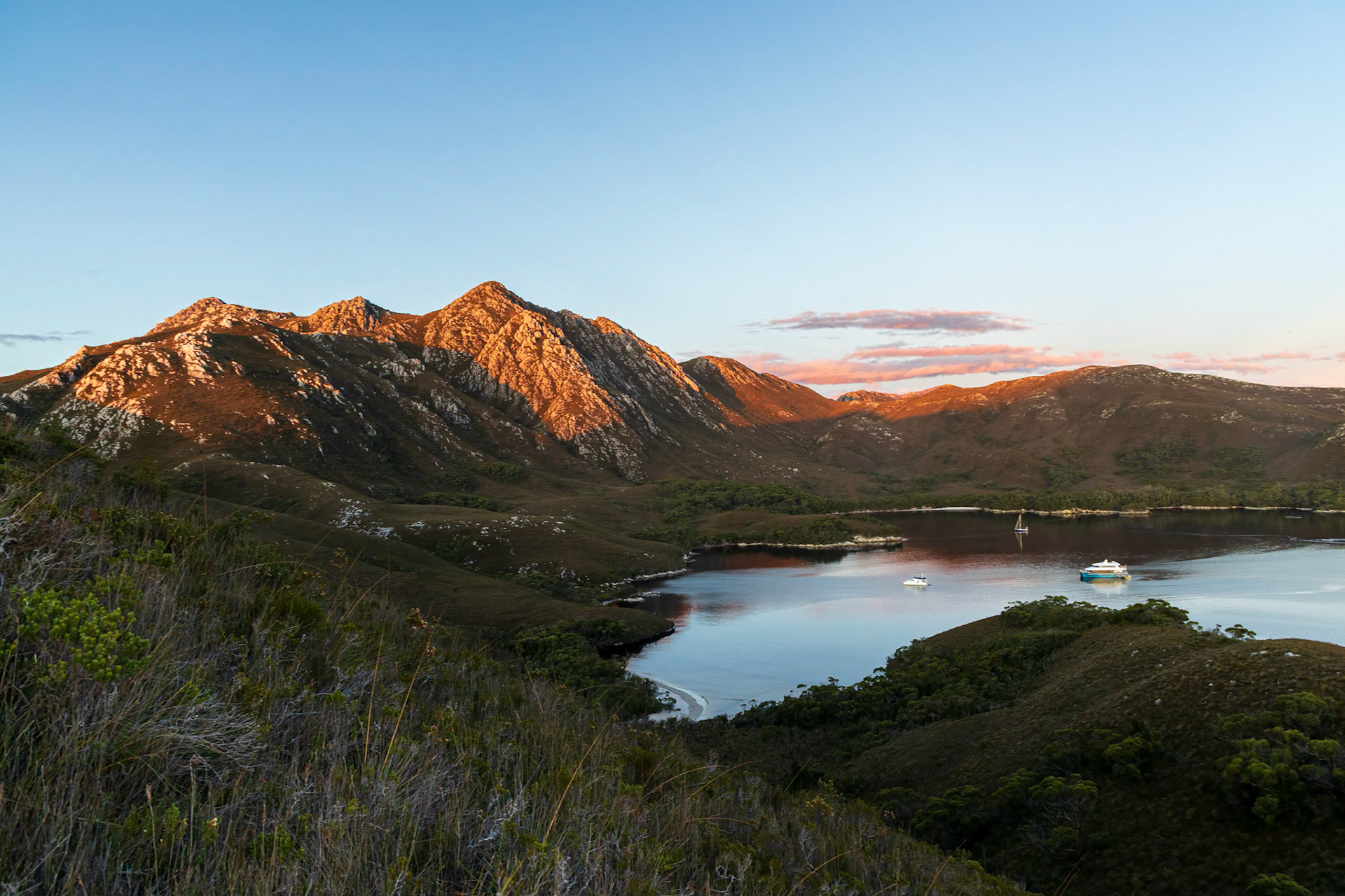 Mount Stokes (?) with Odalisque III anchored in Bramble Cove