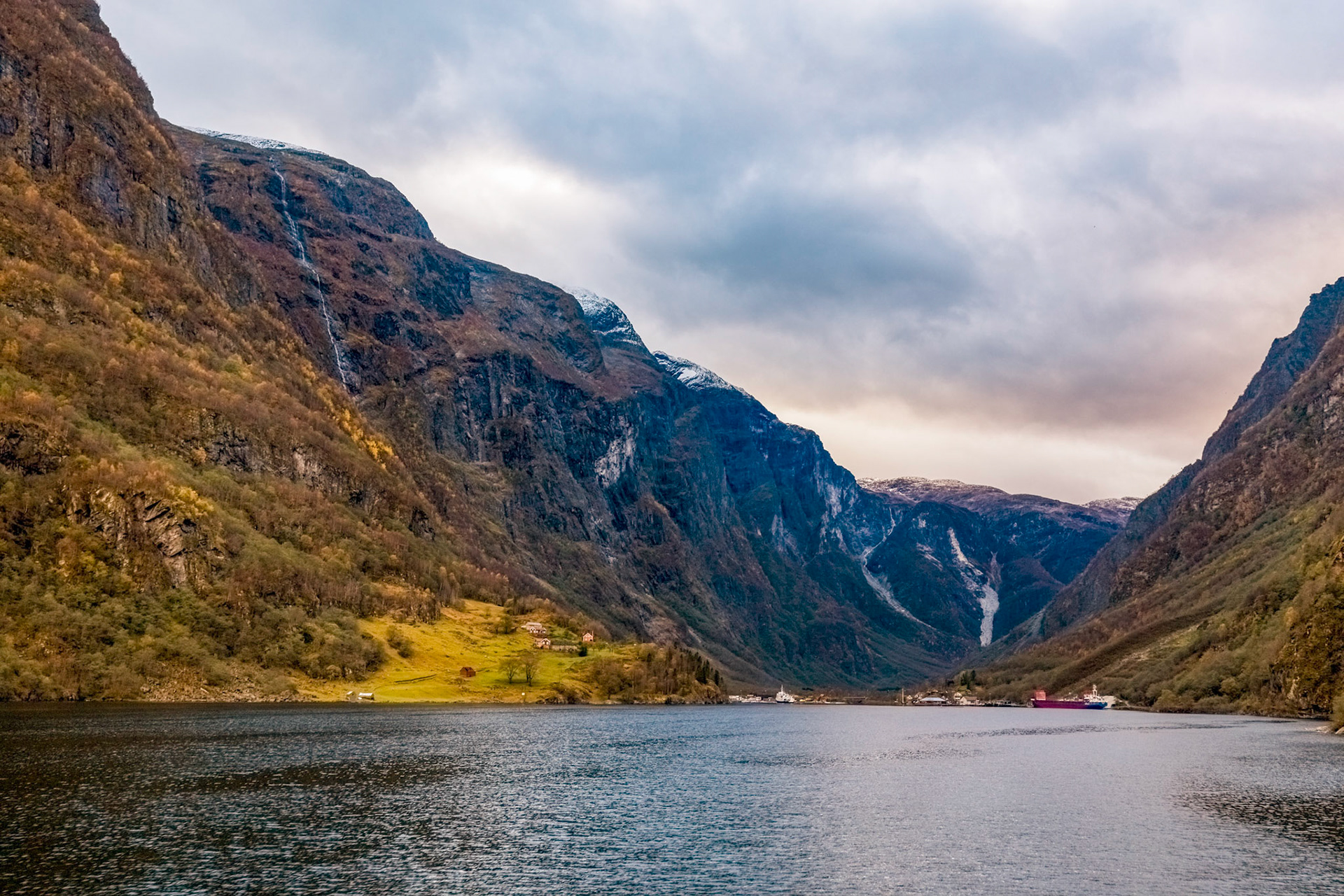 On Nærøyfjord on the 'Vision of the Fjords' boat from Flåm, approaching Gudvangen terminal, late afternoon.