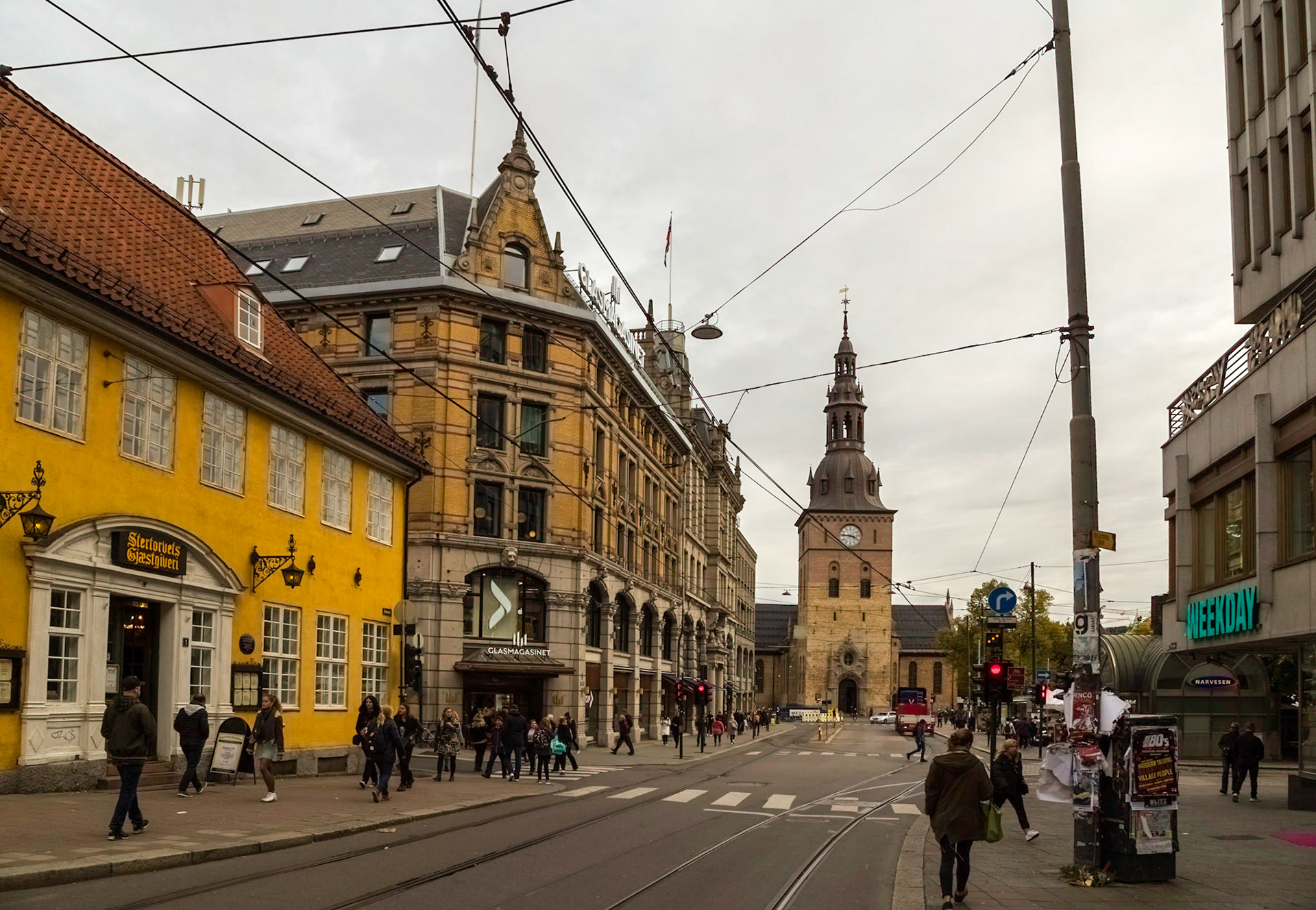 In central  Oslo; Glasmagasinet, the city's oldest department store, and looking further down Grensen to the cathedral.