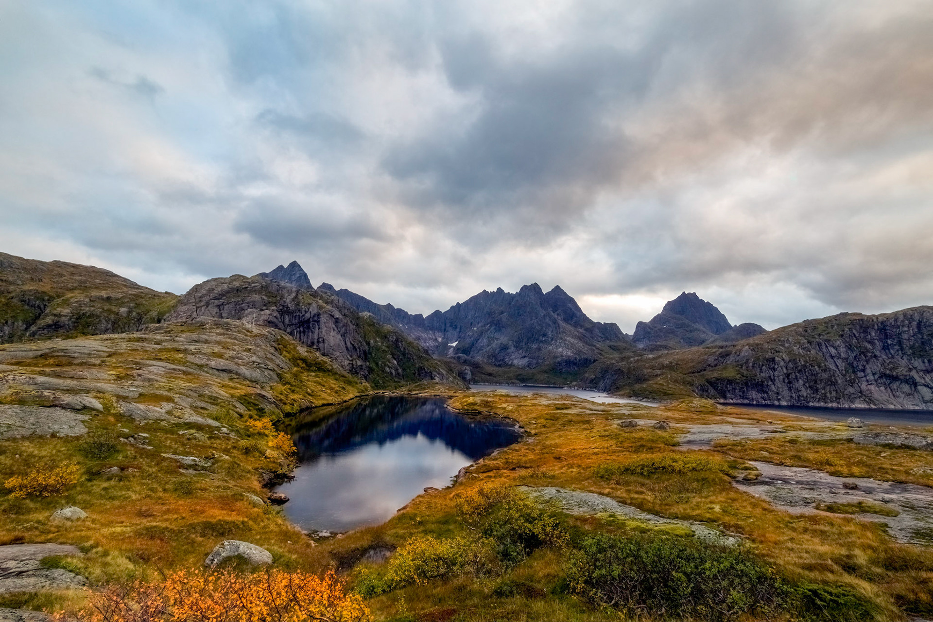 A tarn above Solbjørnvatnet Lake, Flakstad, Nordland.  6:41 pm