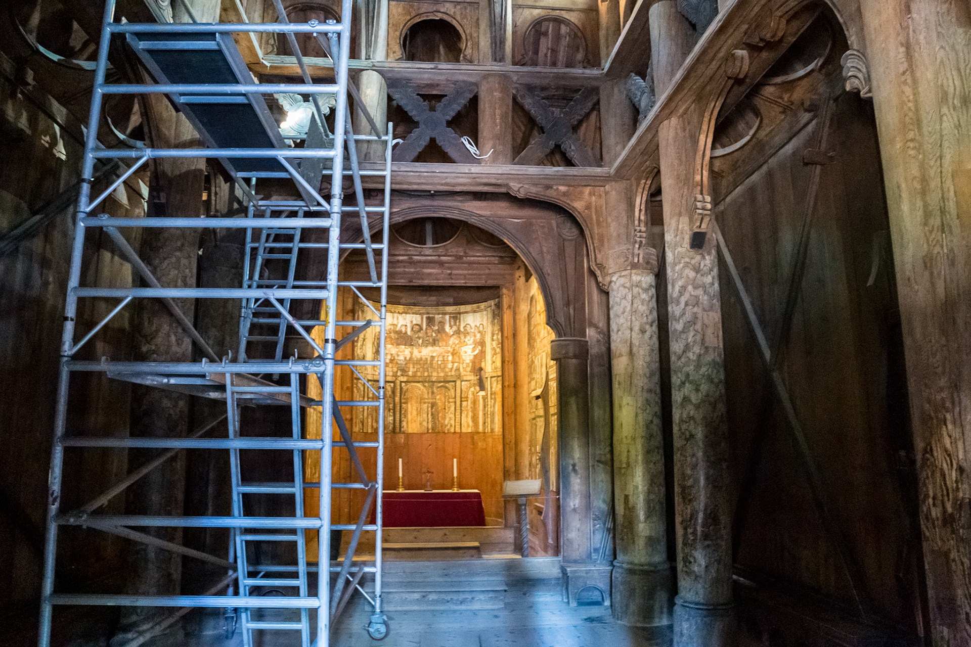 Inside Stave Church from Gol, ca 1200. In the Norsk Folkemuseum.