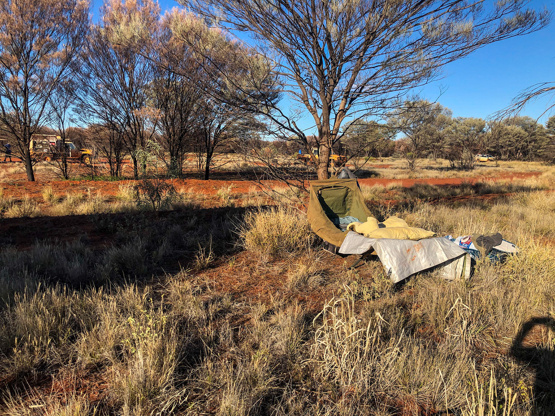 Swag set up, airing and drying in the last warmth of the afternoon sun
