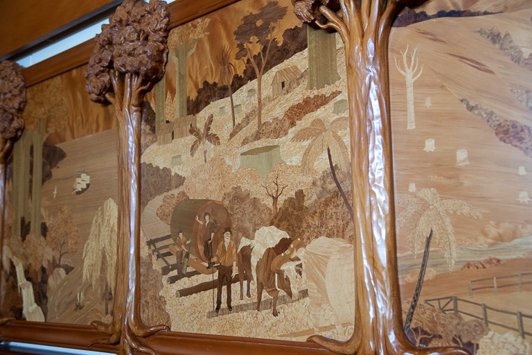 Depiction of arrival and early industry of European pioneers; The Kauri Museum, Matakohe