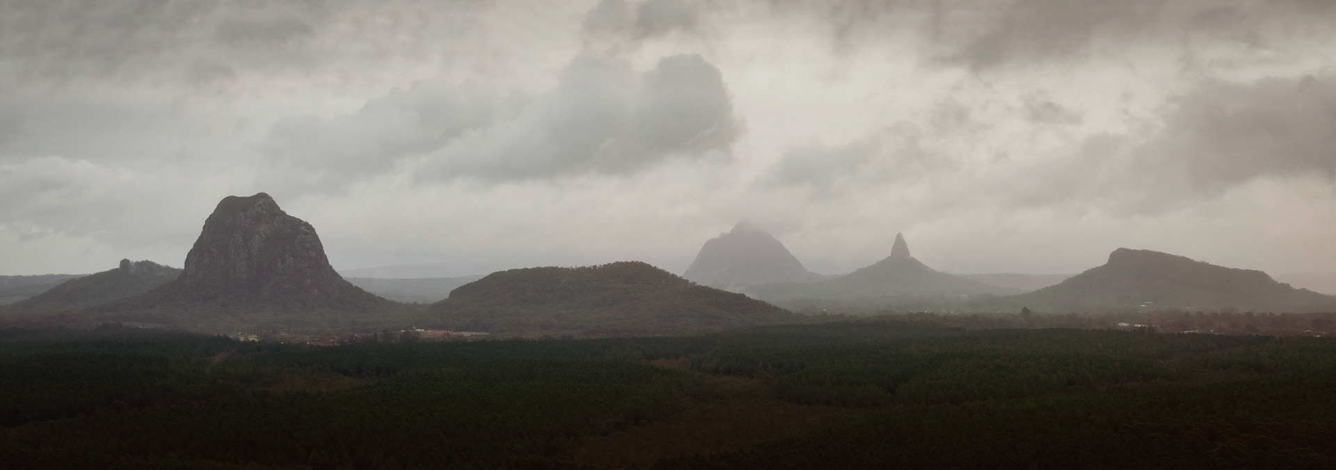 Rainy afternoon view of Glasshouse Mountains