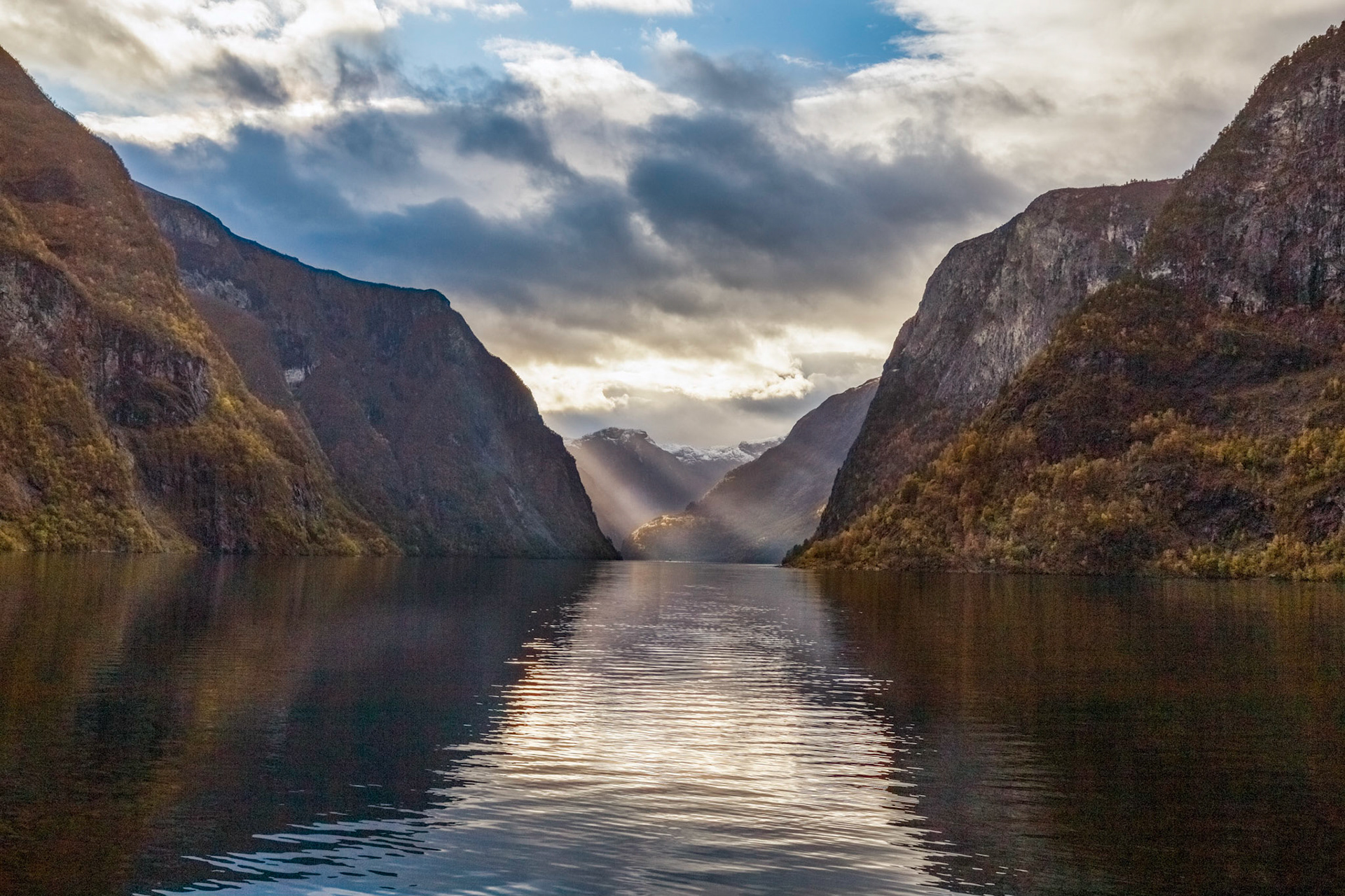 Passing through the Nærøyfjord. On the 'Vision of the Fjords' boat from Flåm to Gudvangen, late afternoon.