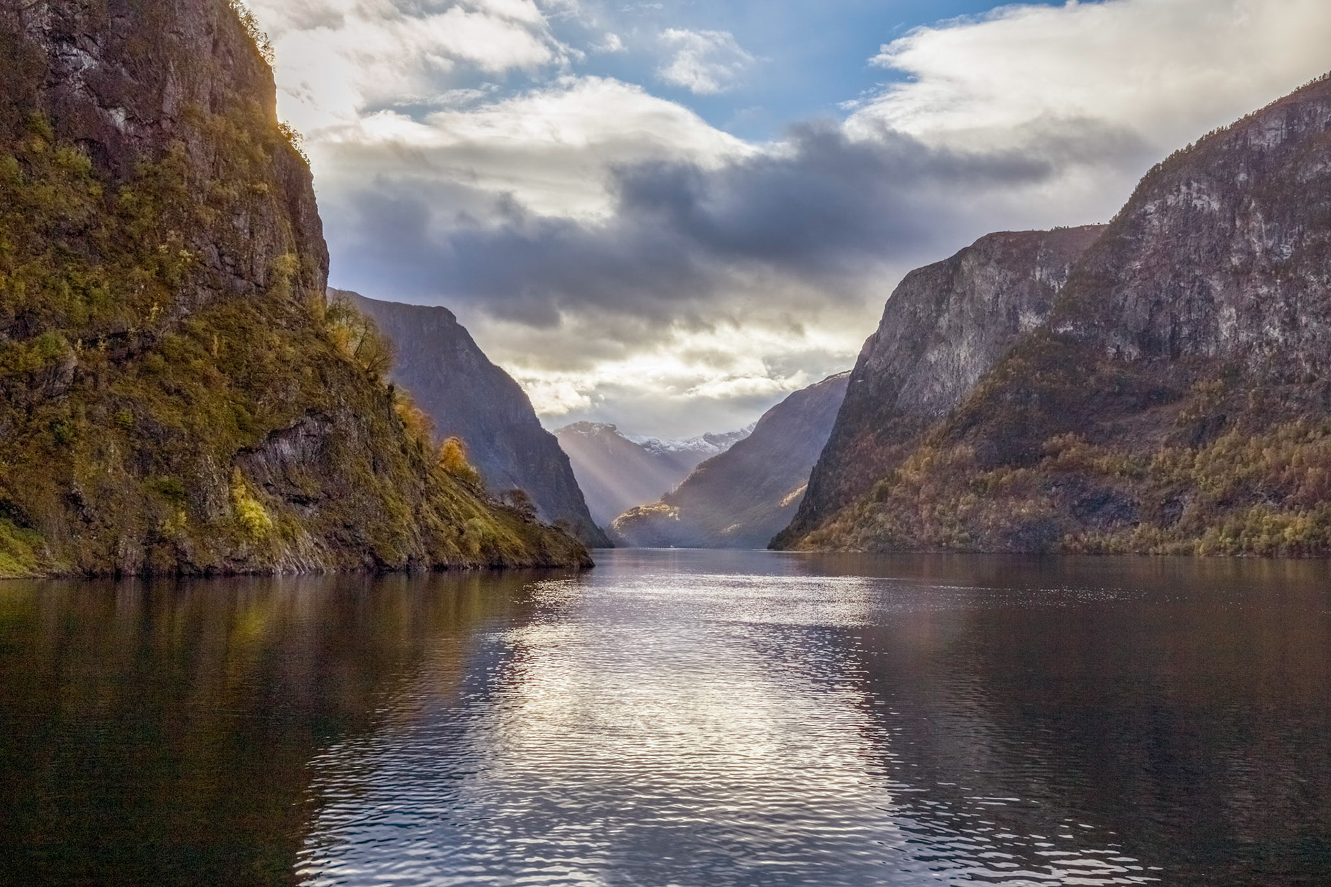 Passing through the Nærøyfjord. On the 'Vision of the Fjords' boat from Flåm to Gudvangen, late afternoon.